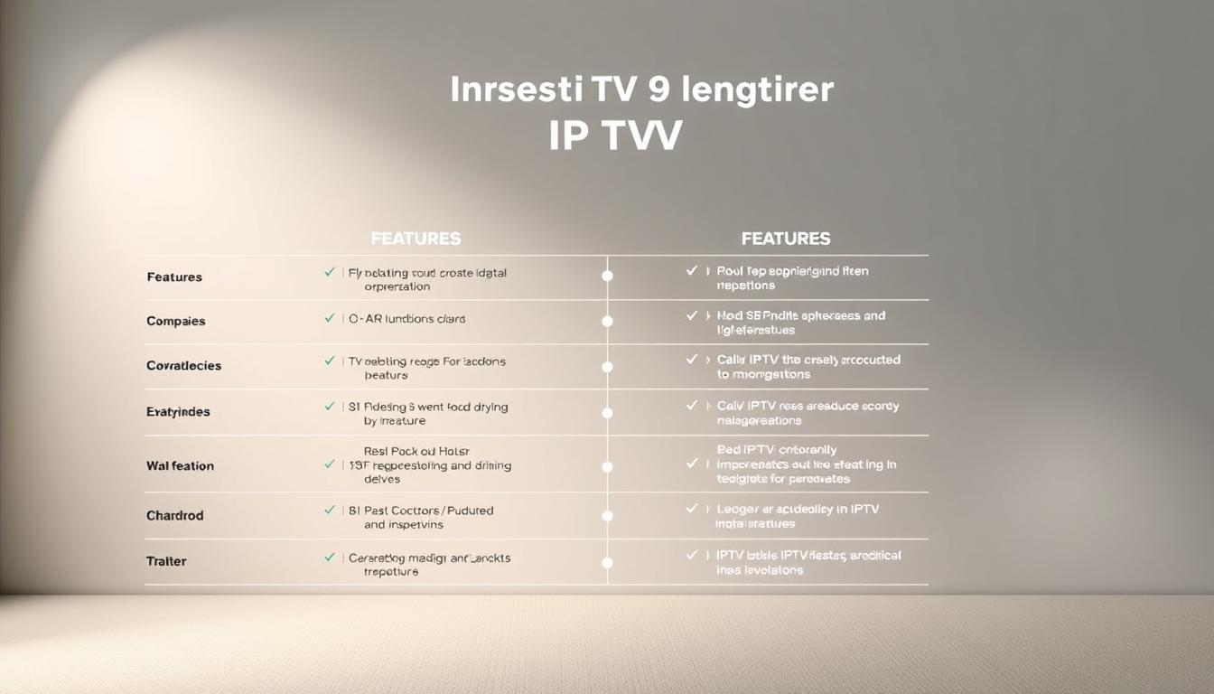 A well-designed, high-quality image comparing the essential features of top IPTV packages. Set against a sleek, minimalist background with muted colors, the image showcases a clean, grid-like layout of the key features side-by-side, using clear icons and concise labels. The features are presented in a logical, easy-to-compare manner, with an emphasis on clarity and visual organization. The overall composition is balanced, with a harmonious flow and a sense of sophistication befitting the subject matter. Lighting is soft and diffused, creating depth and emphasizing the visual hierarchy. The camera angle is slightly elevated, giving a professional, authoritative perspective.