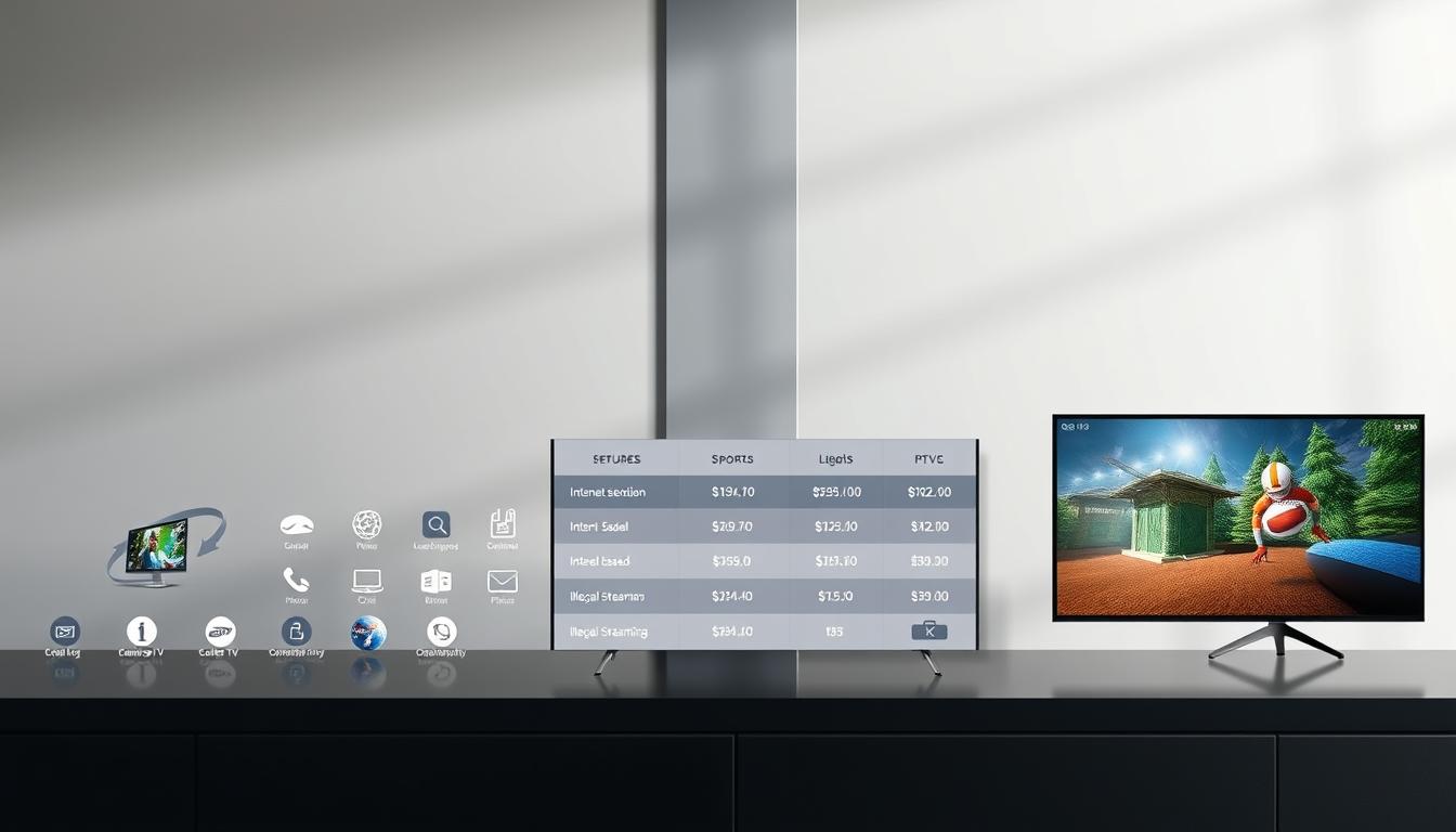 A side-by-side comparison of various sports streaming services, showcased against a sleek, minimalist background. In the foreground, high-quality icons and visualization elements depict the key features and capabilities of IPTV sports access, juxtaposed with similar icons for traditional cable/satellite TV, internet-based sports platforms, and illegal streaming options. The middle ground features a clean, intuitive UI displaying pricing, channel selection, and device compatibility, allowing the viewer to easily assess the tradeoffs between the different options. Soft, directional lighting casts a professional, informative tone, while a subtle, sophisticated color palette reinforces the trustworthy, authoritative nature of the content.