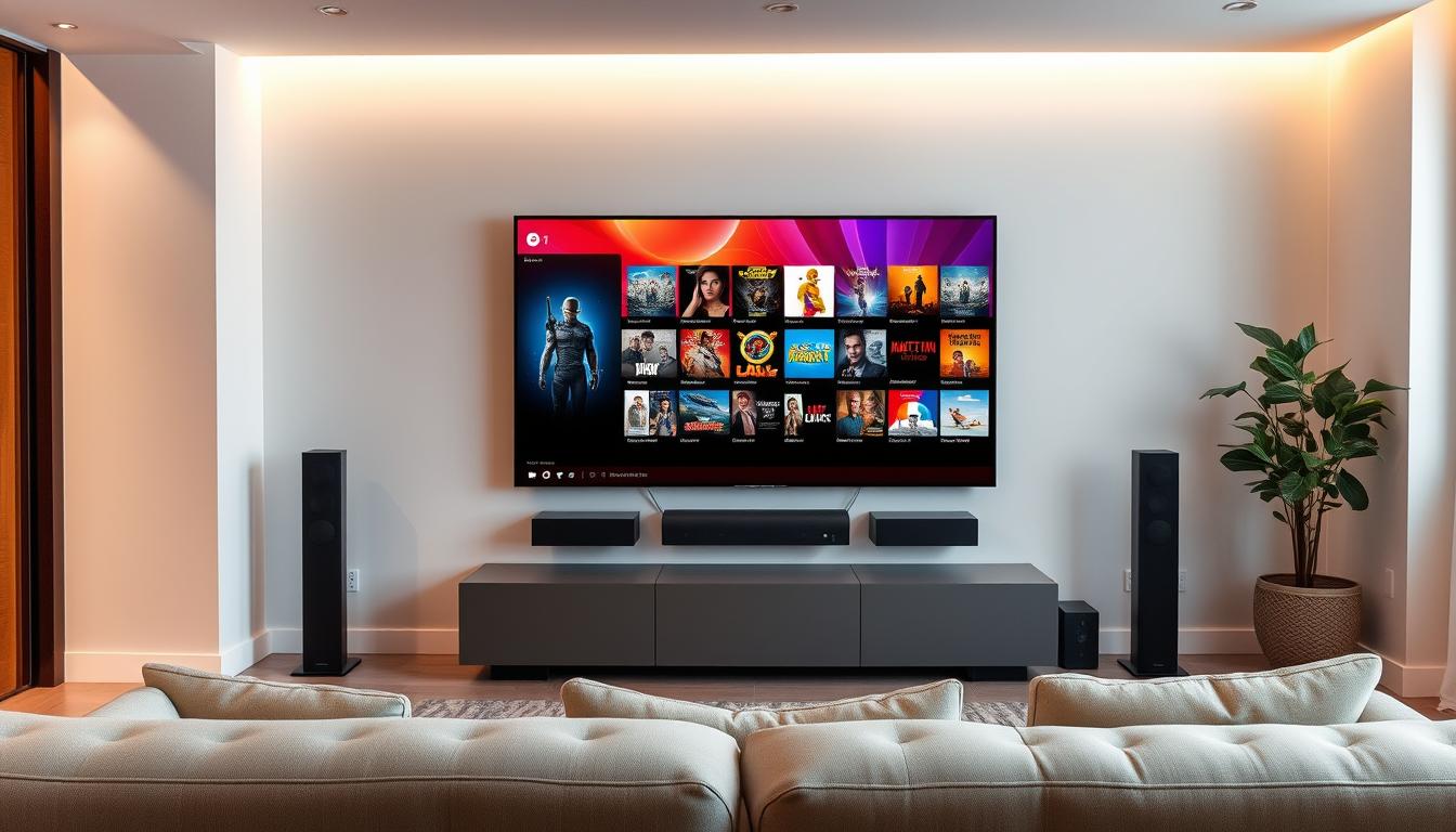 A sleek, modern living room with a large, high-definition television mounted on the wall. The television displays a vibrant, colorful interface showcasing a wide selection of movie and TV show titles, representing the vast content library of a premium streaming service. The room is bathed in warm, diffused lighting, creating a cozy and inviting atmosphere. In the foreground, a comfortable sofa invites the viewer to relax and immerse themselves in the endless entertainment options available through the premium subscription. The overall scene conveys the convenience, quality, and abundance of content that a premium IPTV service can offer.