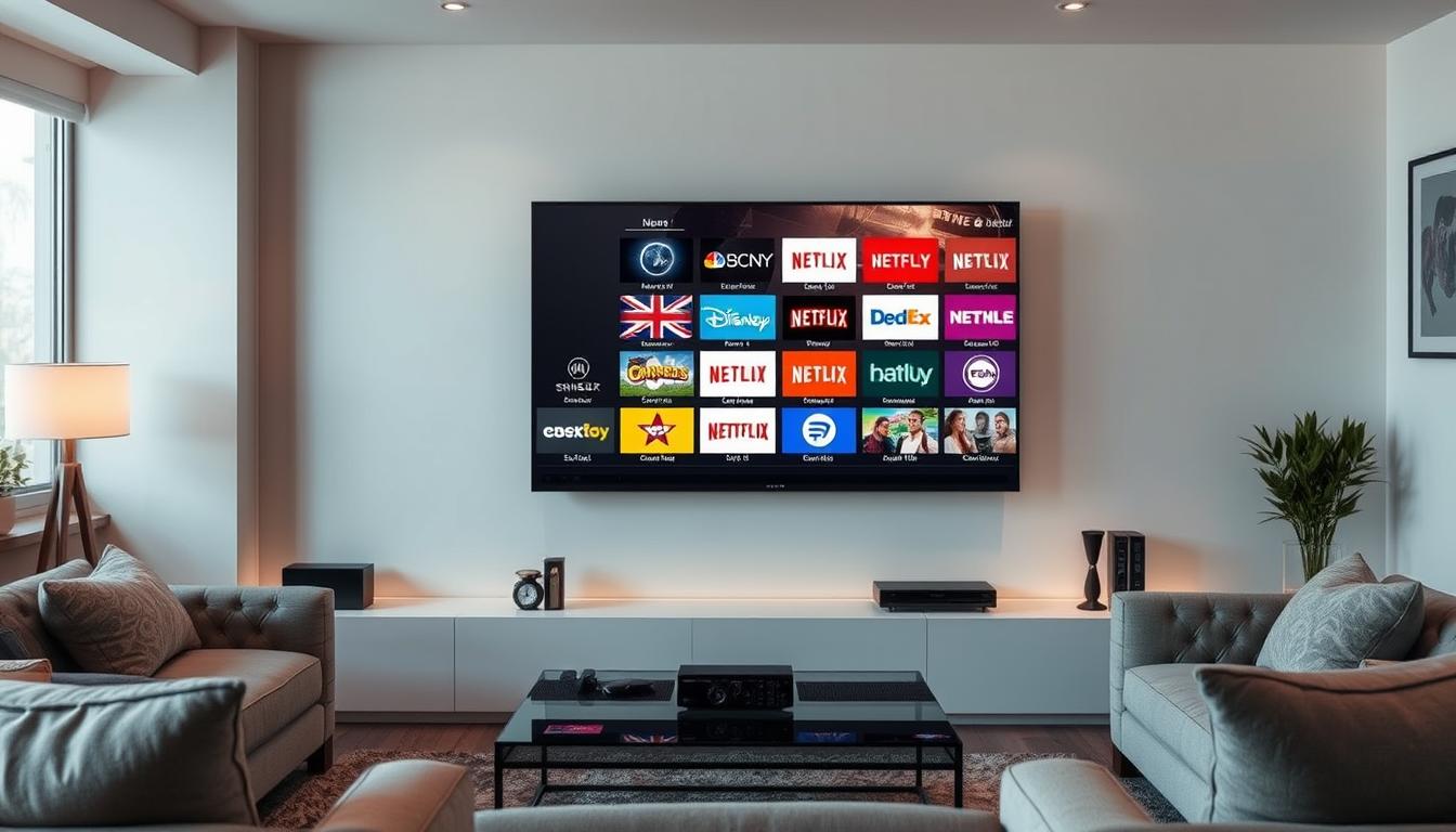 A modern living room with a large flatscreen TV showcasing a diverse array of UK IPTV channel icons, surrounded by comfortable furniture and cozy lighting. The TV's interface displays a curated selection of popular entertainment, news, and sports channels, reflecting the evolving television landscape in the UK. The room's decor is minimalist yet stylish, allowing the TV and its content to take center stage. Soft, warm tones create a welcoming atmosphere, inviting the viewer to imagine themselves immersed in this contemporary British home entertainment experience.