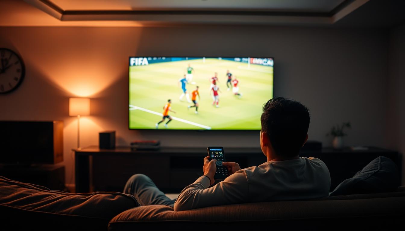 A dimly lit living room with a large flat-screen TV mounted on the wall. On the TV, a high-definition live broadcast of the FIFA World Cup match is playing, with players in colorful jerseys competing on the field. In the foreground, a person is lounging on a comfortable couch, holding a remote control and intently watching the game. The room is illuminated by soft, warm lighting, creating a cozy and immersive atmosphere. The scene conveys the convenience and enjoyment of watching the World Cup through an IPTV streaming service, catering to the dedicated football fan.
