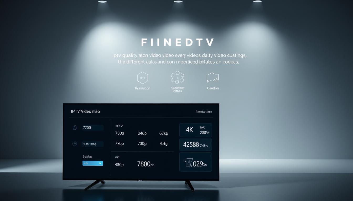 A clean, modern interface showcasing various IPTV video quality options. In the foreground, a sleek display panel with intuitive controls and resolution settings, ranging from 720p to 4K. In the middle ground, data visualizations and performance metrics illustrate the impact of different bitrates and codecs. The background features a minimalist tech-inspired environment, with subtle highlights and hexagonal patterns to convey a sense of advanced, cutting-edge technology. Soft, directional lighting creates depth and emphasizes the crisp, high-definition visuals. The overall atmosphere is one of professionalism, precision, and the ability to fine-tune the IPTV viewing experience.