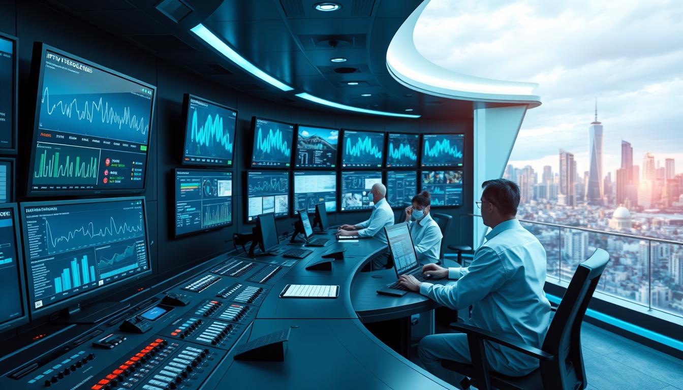 A high-tech control room with multiple screens displaying real-time IPTV data and analytics. The foreground features a sleek, futuristic dashboard with various buttons, switches, and indicators monitoring network performance and user activity. In the middle ground, technicians in crisp, white uniforms work diligently at their stations, overseeing the seamless delivery of IPTV content. The background showcases a panoramic view of a modern city skyline, symbolizing the widespread reach and scalability of IPTV technology. The lighting is a balanced combination of cool, blue tones and warm, ambient illumination, creating a professional and technologically advanced atmosphere.
