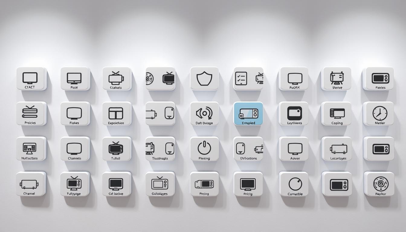 An array of various IPTV subscription packages, each represented by a distinct icon or symbol, arranged in a visually appealing grid layout. The packages are presented against a clean, minimalist background, with subtle gradients or textures to create a sense of depth and sophistication. The icons should convey the key features of each package, such as the number of channels, streaming quality, device compatibility, and pricing, using a consistent and intuitive visual language. Soft, diffused lighting from multiple angles casts gentle shadows, highlighting the three-dimensional nature of the elements. The overall composition should feel balanced, cohesive, and designed to draw the viewer's attention to the various IPTV options in an informative and visually compelling manner.