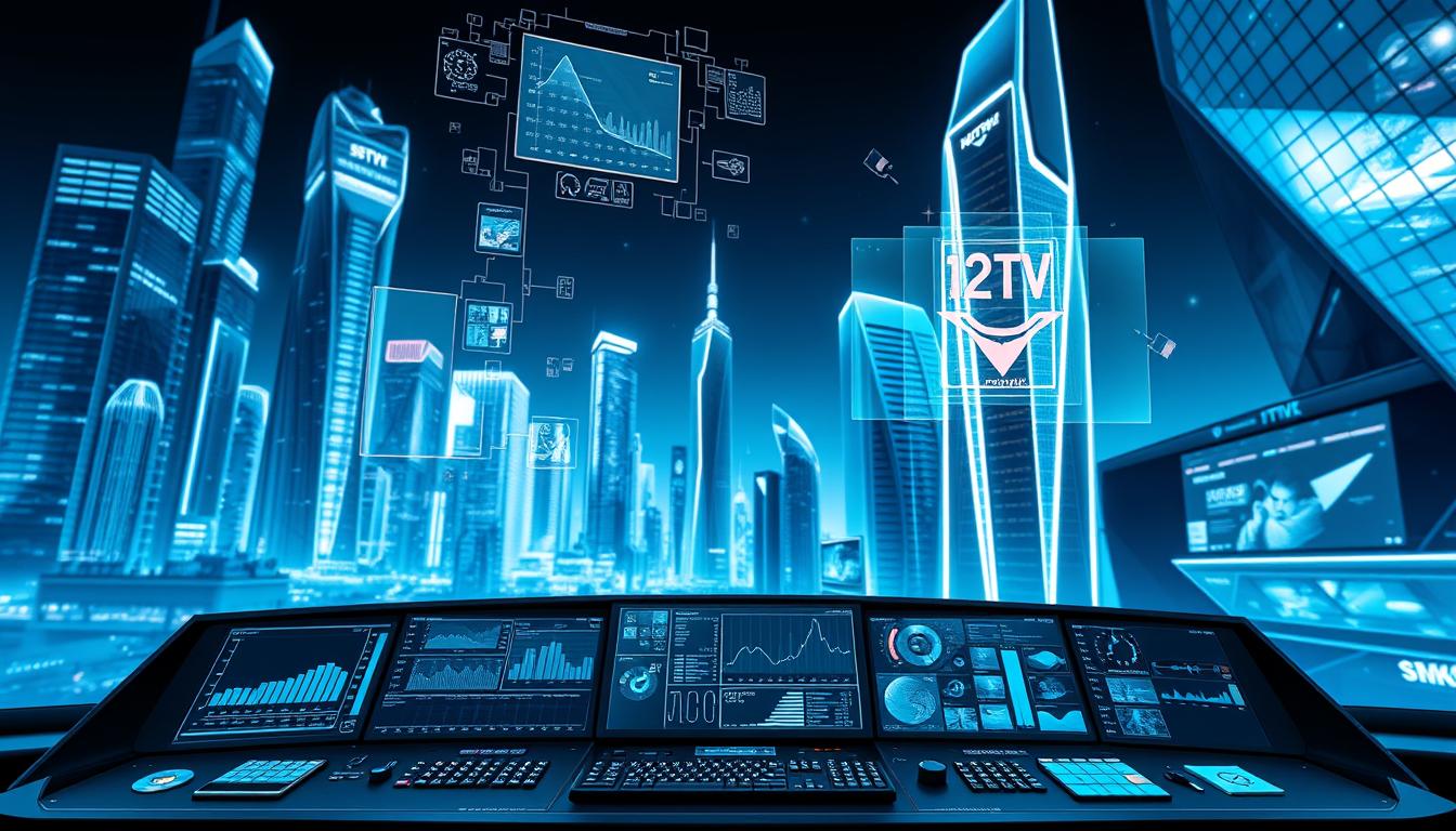 A futuristic cityscape with towering skyscrapers and sleek, modern architecture. In the foreground, a high-tech control panel with multiple screens displaying real-time data streams, graphs, and visualizations. Holograms and digital interfaces hover above the panel, showcasing the intricacies of IPTV streaming technology. The lighting is cool and blue-toned, conveying a sense of technological prowess and innovation. The overall scene exudes a dynamic, cutting-edge atmosphere, reflecting the power and potential of IPTV as a transformative media platform.