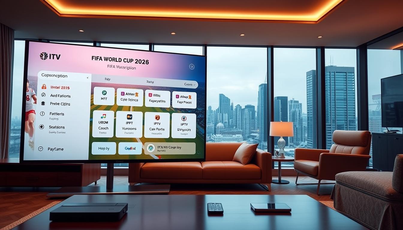 An interior scene with a modern living room setup. In the foreground, a large flatscreen TV displays various IPTV subscription options for the FIFA World Cup 2026, showcased with clean and minimalist UI elements. On the coffee table in front of the TV, a remote control and a smartphone, hinting at the different ways to access the IPTV services. The middle ground features a comfortable couch and armchair, set against a backdrop of floor-to-ceiling windows overlooking a city skyline. The lighting is warm and inviting, creating a cozy atmosphere perfect for enjoying the upcoming World Cup matches. The overall scene conveys a sense of convenience, technology, and anticipation for the upcoming football event.