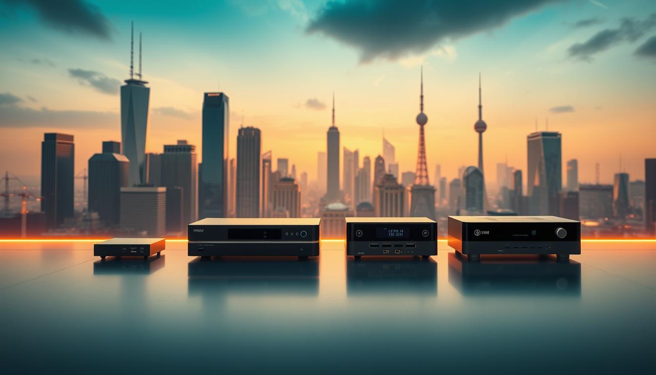 A cinematic wide-angle shot of the evolution of IPTV technology over time. In the foreground, a sleek modern IPTV device with clean lines and advanced connectivity. In the middle ground, a progression of IPTV set-top boxes from earlier eras, showcasing the steady technological advancements. In the background, a cityscape with skyscrapers and communication towers, representing the growth of internet infrastructure that enabled IPTV's rise. Warm, ambient lighting casts a futuristic glow, while a sense of progress and innovation permeates the scene.