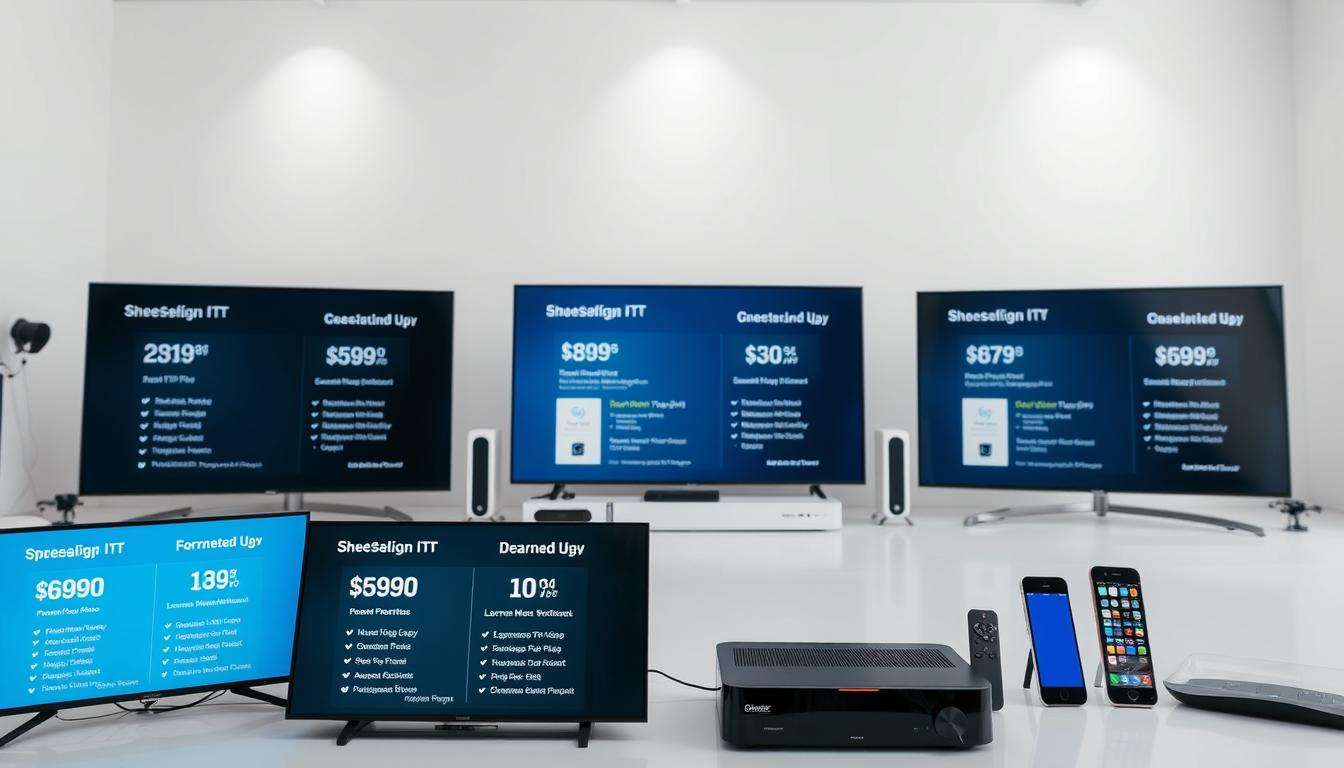 Detailed image of the top IPTV plans available in the USA, captured in a bright, clean studio environment. In the foreground, several IPTV service plan options are displayed on high-quality screens, showcasing their key features and pricing. In the middle ground, various internet-connected devices, such as smart TVs, set-top boxes, and mobile phones, suggest the versatility of IPTV services. The background features a minimalist, white-walled setting with subtle lighting accents, creating a professional, informative atmosphere. The overall composition highlights the comparison and selection of the best IPTV plans for American consumers.