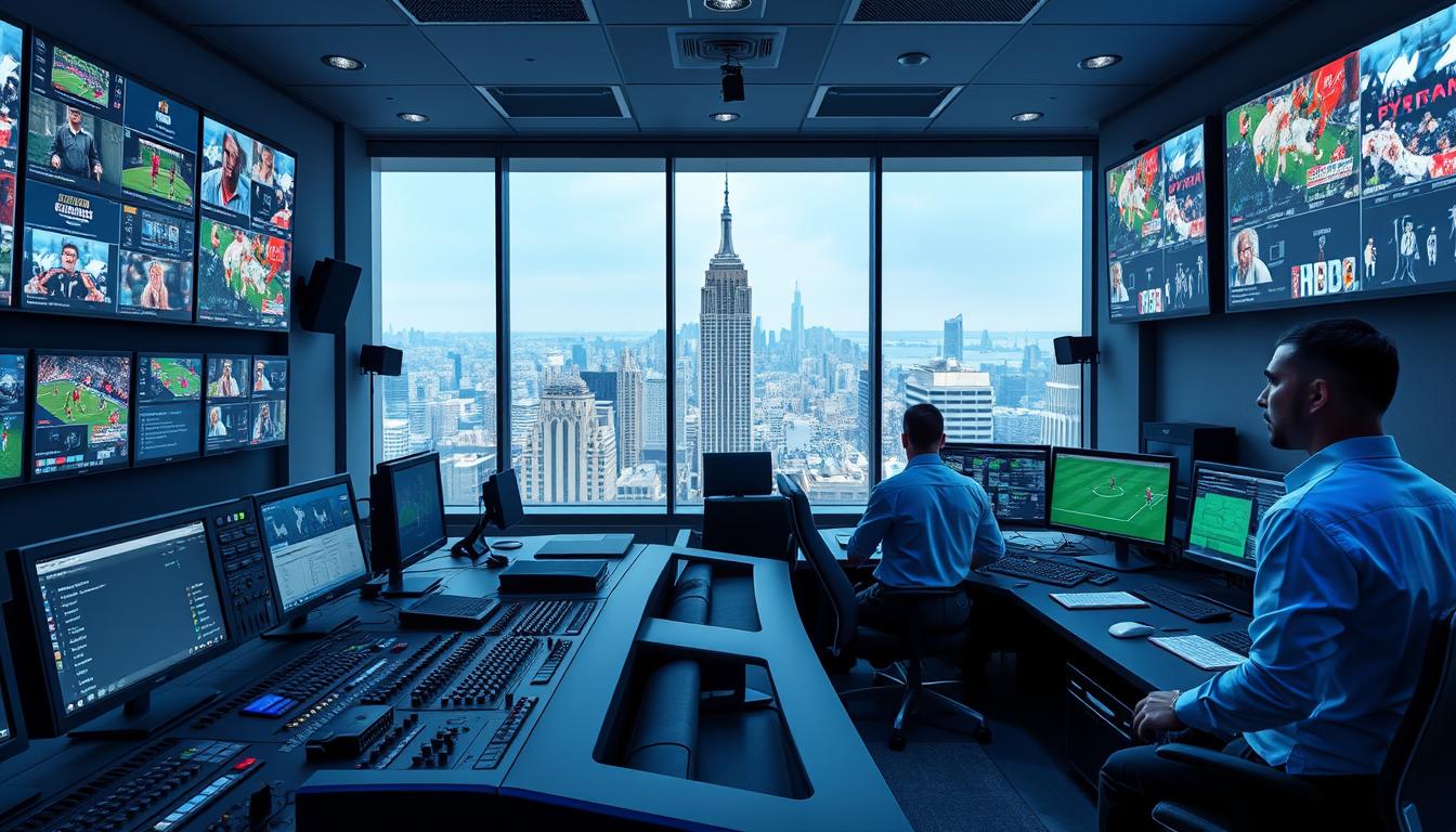 A high-tech control room with banks of monitors displaying various IPTV sports streams. In the foreground, a sleek and modern console with an array of buttons, toggles, and screens. Technicians in crisp uniforms monitor the feeds, adjusting settings and troubleshooting issues. The room is bathed in a soft, blue-tinged lighting, creating a serene and professional atmosphere. In the background, a large window offers a panoramic view of a bustling city skyline, hinting at the global reach and scale of the IPTV sports streaming operation. The scene conveys a sense of efficiency, innovation, and the seamless delivery of live sports content to audiences worldwide.