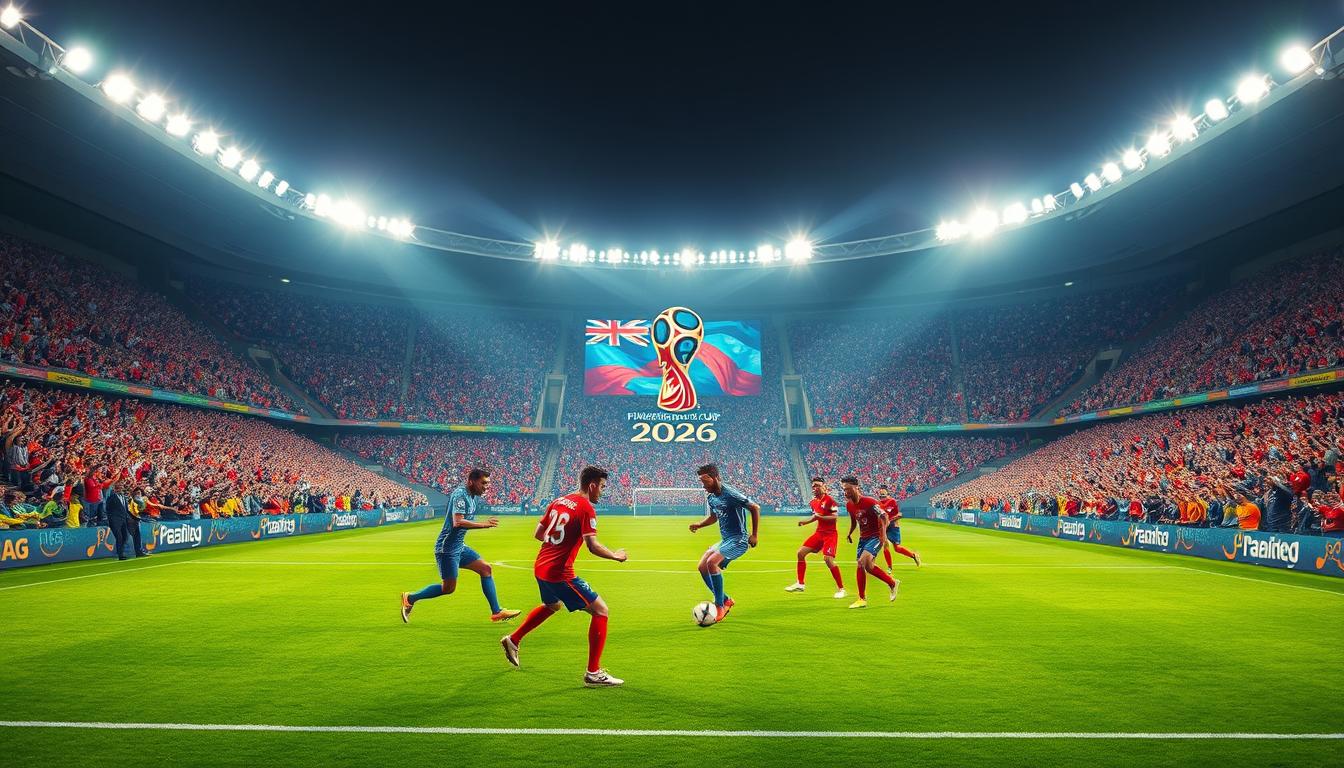 A vast stadium with a lush green pitch, surrounded by enthusiastic crowds in vibrant jerseys and national colors, filling the stands. Bright stadium lights illuminate the scene, casting dramatic shadows across the players as they compete for the coveted World Cup trophy. In the foreground, a group of players battle for possession, their expressions determined and focused. In the distance, the massive FIFA World Cup 2026 logo dominates the backdrop, reflecting the global scale and significance of this prestigious tournament. The atmosphere is electric, capturing the passion and excitement of the world's most prestigious football event.