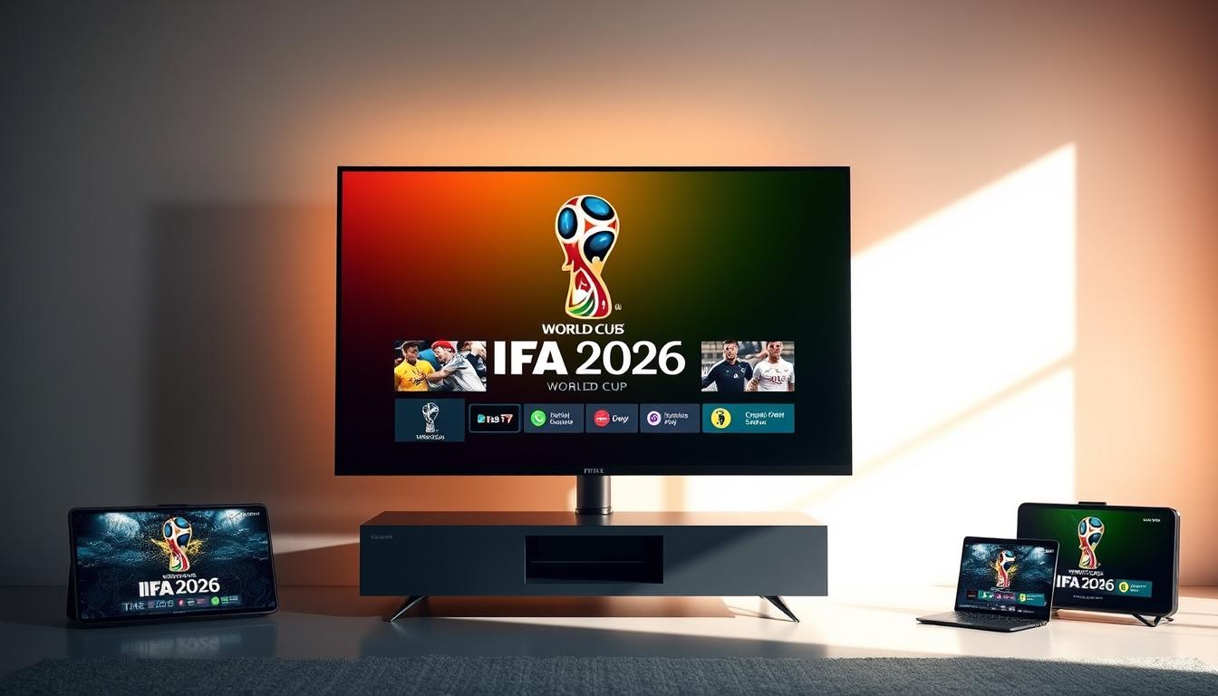 A sleek and modern streaming platform displaying the FIFA 2026 World Cup logo, showcasing crystal-clear live match footage on a variety of devices. The interface features intuitive navigation, with options to select matches, view statistics, and access exclusive content. The background is a subtle gradient, creating a sense of depth and sophistication. Diffused lighting from the screen casts a warm glow, highlighting the vibrant colors of the branding. The overall composition conveys the convenience and immersive experience of IPTV for FIFA 2026 fans.