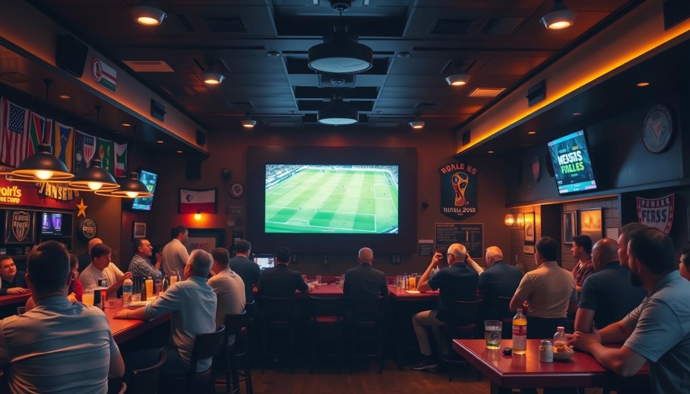 A bustling sports bar with a large, high-definition television screen dominating the center, showcasing a dynamic World Cup match. The room is dimly lit, with warm-toned lighting casting a cozy atmosphere. Patrons sit at tables and perch on bar stools, their eyes glued to the screen, engrossed in the action unfolding before them. The bar's countertop is adorned with various beverages and snacks, catering to the excitement of the viewers. The walls are decorated with sports memorabilia and team banners, further immersing the audience in the World Cup experience. The scene conveys the thrill and camaraderie of gathering with fellow fans to witness the global spectacle of the World Cup.