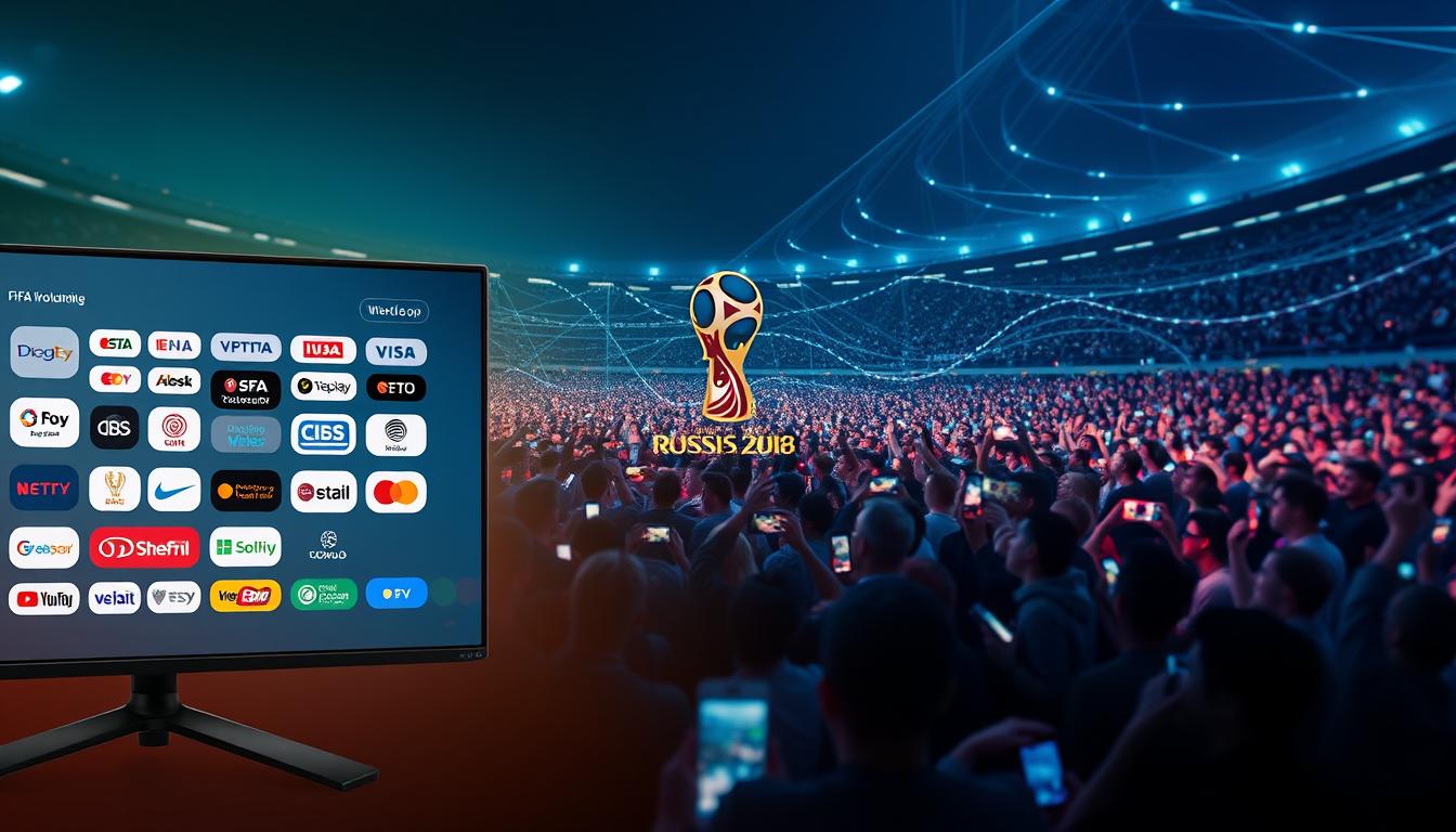 A dynamic visual representation of the evolving landscape of FIFA World Cup broadcasting. In the foreground, a sleek, modern streaming interface showcases various service logos, reflecting the diverse platforms that now offer live coverage of the global football spectacle. The middle ground features a panoramic view of a crowd cheering passionately, their faces illuminated by the glow of their devices, symbolizing the growing connectivity and accessibility of the World Cup experience. In the background, a tapestry of digital signals and data streams weaves together, representing the technological advancements that have transformed the way the world watches the beautiful game. Soft, warm lighting and a cinematic depth of field create a sense of immersion, capturing the excitement and unity that the World Cup inspires.