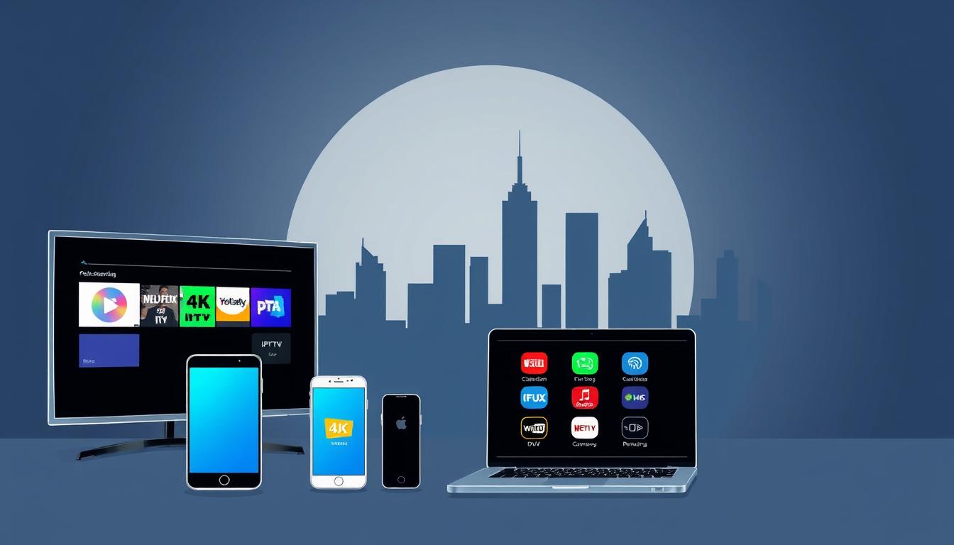 A modern, clean-lined illustration depicting the key benefits of IPTV services in Canada. In the foreground, an array of digital devices - a smart TV, smartphone, laptop, and tablet - showcasing the convenience of accessing a wide range of live and on-demand content. In the middle ground, vibrant icons representing features like 4K streaming, a vast channel selection, DVR capabilities, and parental controls. The background features a minimalist cityscape silhouette, alluding to the seamless integration of IPTV into the urban Canadian lifestyle. The overall mood is one of simplicity, efficiency, and technological sophistication, reflecting the advantages of adopting IPTV for streaming entertainment in Canada.