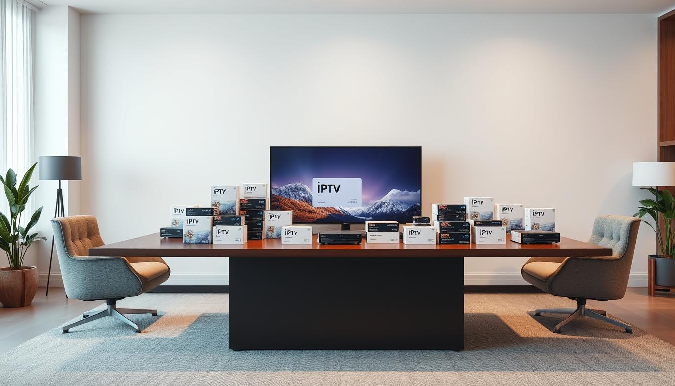 A modern, minimalist office setting with a large desk and comfortable seating. On the desk, an array of IPTV packages in various sizes and colors, showcasing their growing popularity in the USA. The packages are neatly displayed, reflecting the streamlined and organized nature of the IPTV industry. The lighting is soft and diffused, creating a warm and inviting atmosphere. The background is a clean, uncluttered space, allowing the IPTV packages to take center stage. The overall composition emphasizes the sleek and sophisticated nature of IPTV technology, conveying its appeal to the modern consumer.