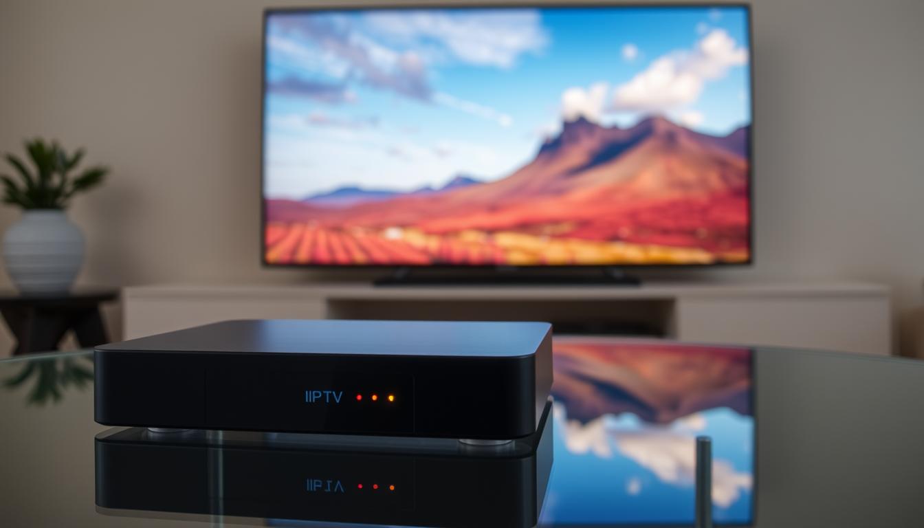 A sleek, modern IPTV streaming device rests on a minimalist glass table, its clean lines and subtle LED indicators conveying the technology's sophistication. In the background, a large high-definition TV displays a vibrant, immersive landscape, showcasing the crisp, vibrant visuals enabled by IPTV streaming. Soft, indirect lighting creates a warm, inviting atmosphere, while the overall composition emphasizes the seamless integration of the device and the display, representing the effortless user experience of IPTV technology.