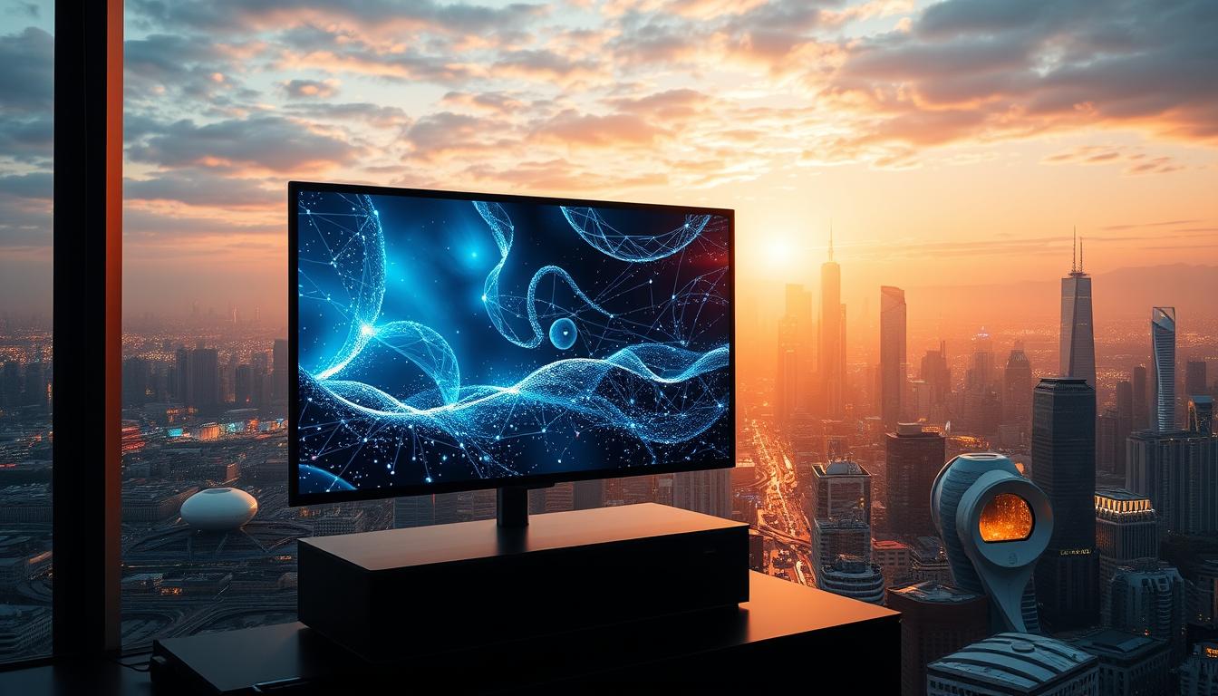 A striking visual representation of IPTV technology, showcasing a futuristic digital landscape. In the foreground, a sleek, high-definition television screen displays a vibrant, crystal-clear image, symbolizing the seamless viewing experience. In the middle ground, a network of interconnected cables and devices, representing the sophisticated infrastructure that powers IPTV. The background features a cityscape of skyscrapers and futuristic architectural elements, bathed in a warm, ambient lighting that conveys a sense of progress and innovation. The overall composition evokes a sense of modernity, efficiency, and the transformative power of IPTV in the world of television.
