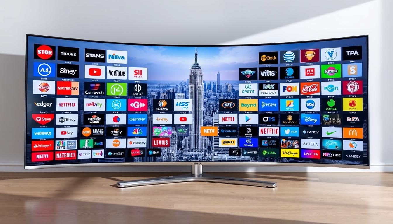 A sprawling IPTV channel guide displayed on a sleek, ultrawide monitor. The foreground showcases a diverse array of channel logos, from sports and news to entertainment and lifestyle. The middle ground features a dynamic grid layout, with channel numbers and vivid icons. The background subtly depicts a cityscape skyline, hinting at the wide range of content available with an IPTV subscription. The lighting is soft and natural, creating a sense of clarity and depth. The overall composition conveys the vast selection and convenience of IPTV, perfectly suited for the "Benefits of IPTV Subscription USA" section.