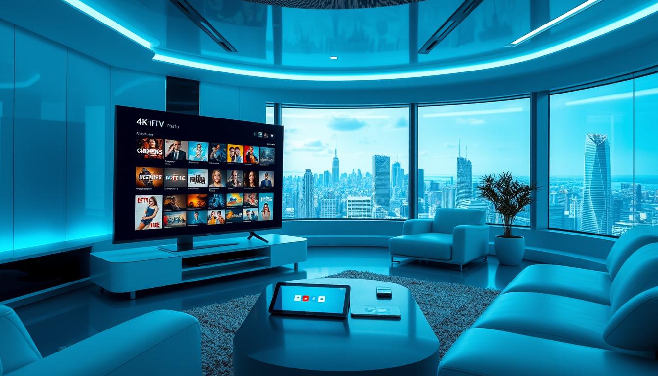 A futuristic, high-tech interior with sleek, minimalist furniture and advanced digital displays showcasing the benefits of an IPTV subscription. The room is bathed in a cool, blue-hued lighting that creates a calming, sophisticated atmosphere. In the foreground, a 4K OLED TV displays a diverse array of content, representing the vast library of channels and on-demand options available with an IPTV service. In the middle ground, a tablet or smartphone demonstrates the convenience of accessing IPTV content from multiple devices. The background features a large window overlooking a dynamic cityscape, symbolizing the global connectivity and limitless entertainment possibilities offered by an IPTV subscription.
