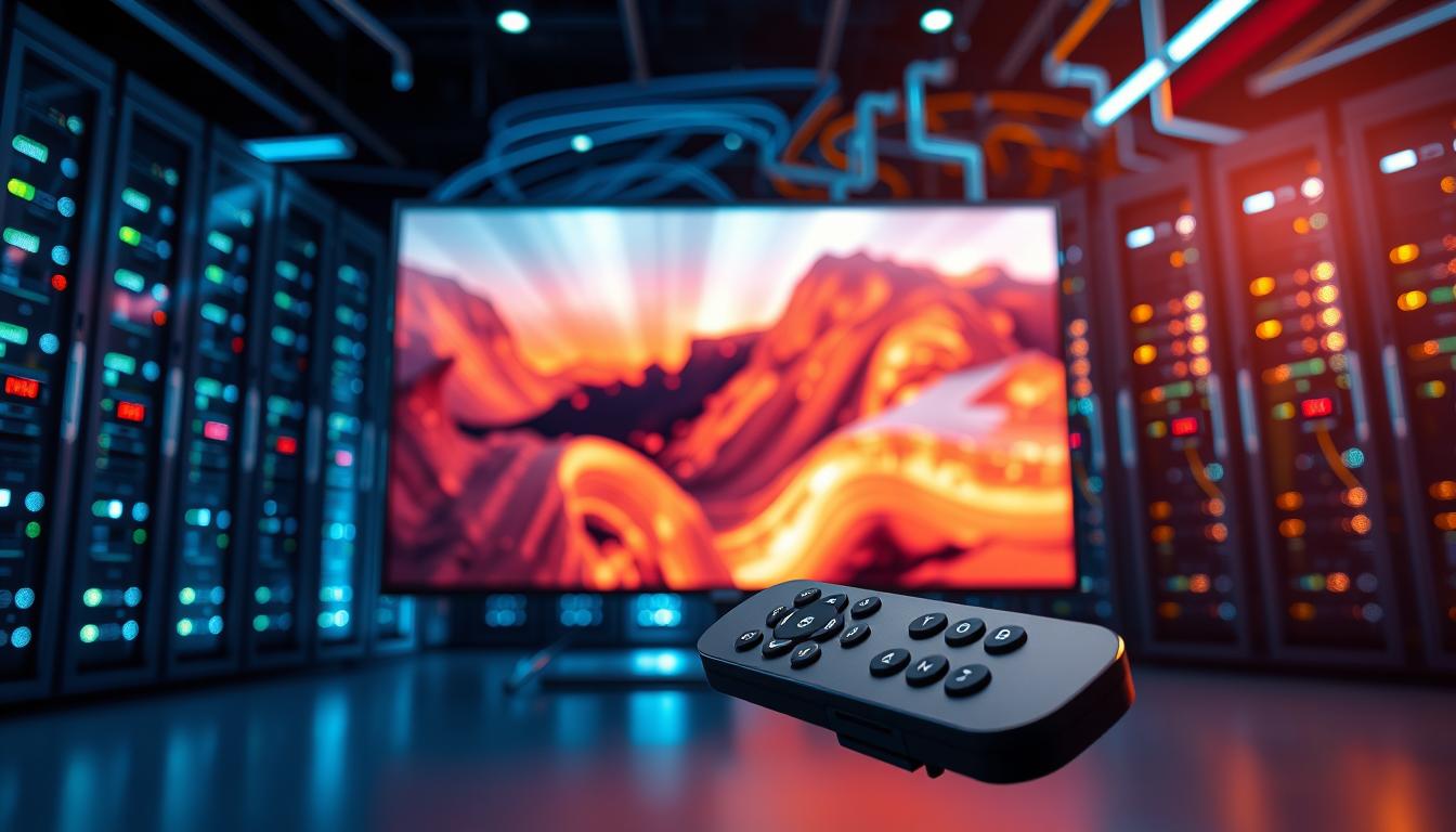 A sleek, high-tech IPTV streaming interface showcasing cutting-edge entertainment technology. In the foreground, a modern smart TV displays a vibrant, immersive video stream, its screen illuminated by a soft, ambient glow. In the middle ground, a stylized IPTV remote control with intuitive touch controls hovers, symbolizing the seamless user experience. The background features a futuristic datacenter backdrop, with towering server racks and glowing network cables, conveying the robust infrastructure powering this revolutionary entertainment platform. The overall scene evokes a sense of innovation, connectivity, and the future of content delivery.