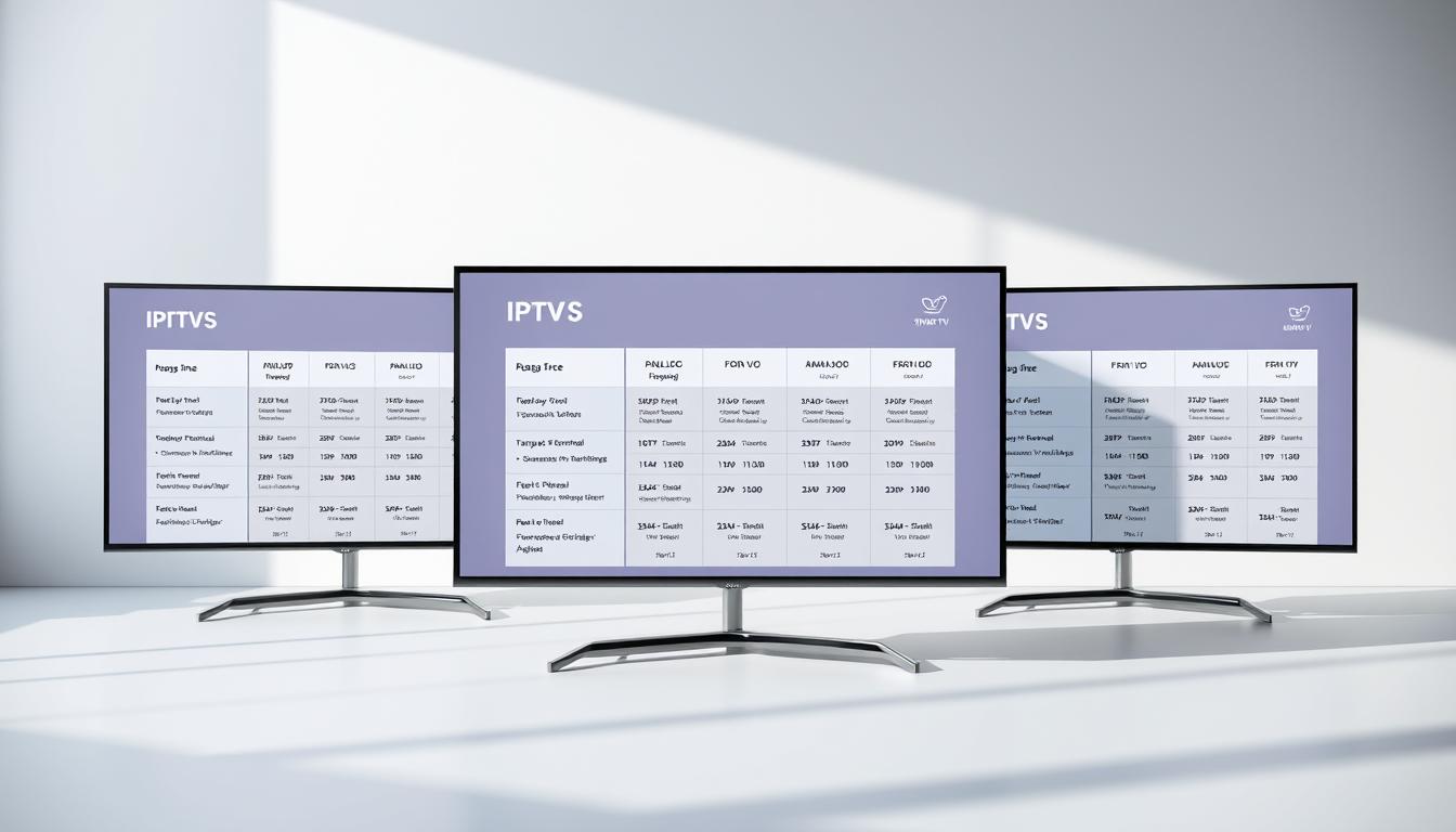 A sleek, modern smart TV display showcasing a comparison of various IPTV service plans. In the foreground, three TV screens depict different IPTV packages side-by-side, highlighting their features and pricing. The middle ground features a minimalist, high-contrast UI design with clean typography and icons, creating a sense of technological sophistication. The background is a softly blurred gradient, adding depth and focus to the central display. Lighting is bright and natural, with a hint of directional illumination to accentuate the product details. The overall impression is one of an informative, visually appealing comparison of IPTV options for the modern smart TV user.