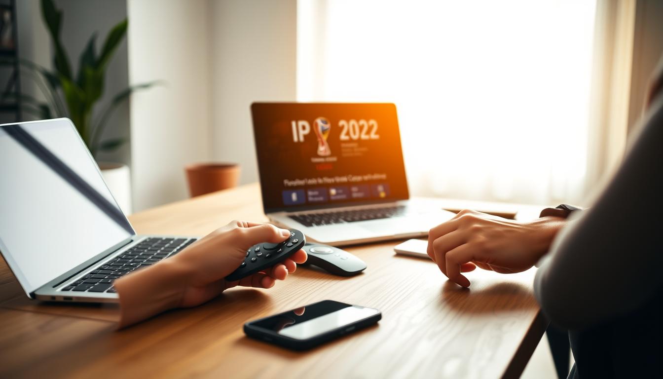 A modern, minimalist home office setup with a laptop, smartphone, and IPTV remote control on a wooden desk. The scene is brightly lit by natural light from a large window, casting a warm glow. The background features clean, white walls and a potted plant, creating a calming, productive atmosphere. The focus is on the IPTV remote, with the user's hands interacting with the device, guiding the viewer through the IPTV subscription process for the upcoming FIFA World Cup 2026.