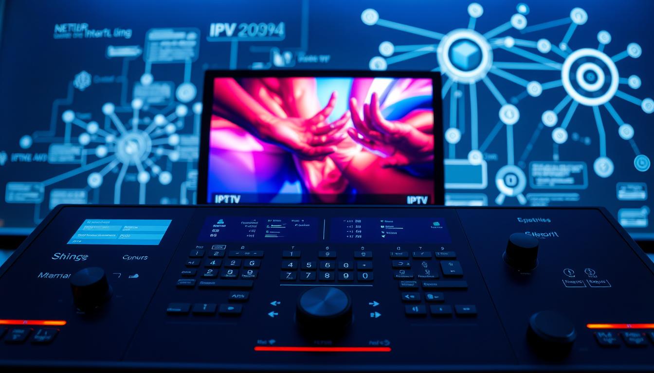 A sleek and futuristic IPTV control panel, with a central display showcasing a vibrant live TV broadcast. The foreground features an array of intuitive touch controls and customizable settings, while the middle ground depicts a minimalist interface with clean typography and icons. The background subtly blends a network topology diagram and glowing data visualizations, conveying the advanced, interconnected technology powering the IPTV system. The overall scene is bathed in a cool, blue-tinted lighting, creating a sense of sophistication and innovation that embodies the future of television.