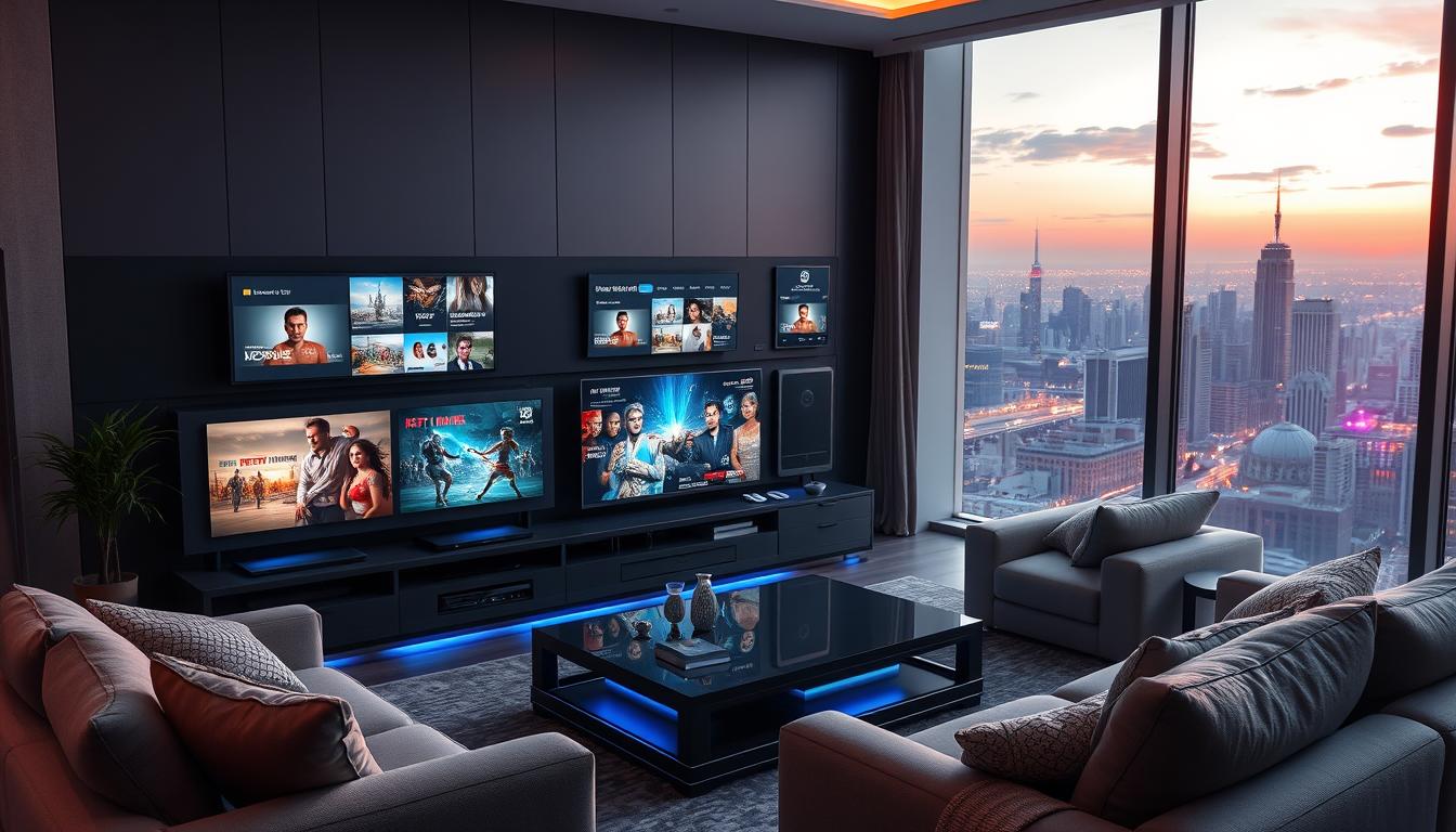 A futuristic, high-definition IPTV streaming hub in a cozy living room. The centerpiece is a sleek, state-of-the-art media center with multiple screens displaying a variety of live and on-demand content. Surrounding it are plush, comfortable seating arrangements and ambient lighting that sets a relaxing tone. The room is bathed in a warm, soft glow, creating an inviting atmosphere. In the background, a large, panoramic window offers a view of a vibrant city skyline, hinting at the global reach and connectivity of modern IPTV services. The overall scene conveys the transformative power of IPTV in revolutionizing home entertainment.