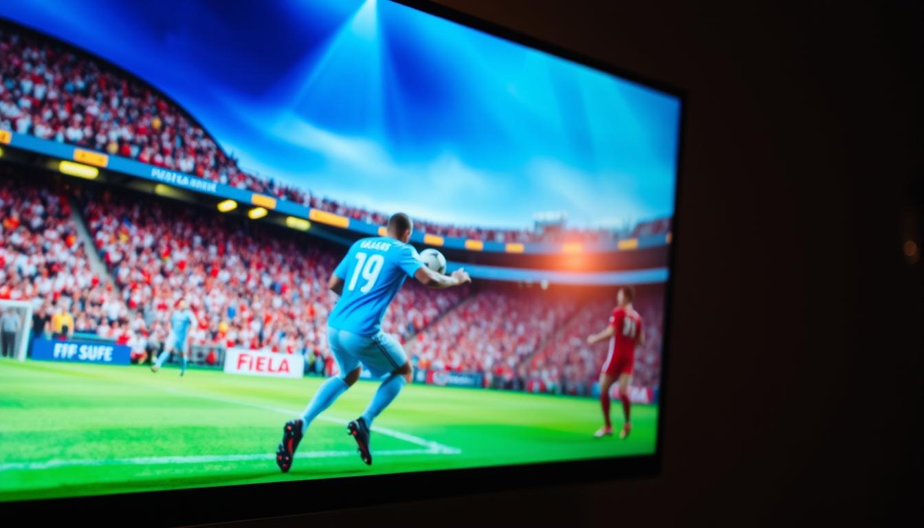A crystal-clear IPTV stream, with vibrant colors and sharp details, fills the frame. The image captures the essence of high-quality streaming, showcasing a dynamic football match in stunning 4K resolution. A cinematic depth of field blurs the background, drawing the viewer's attention to the captivating on-screen action. Subtle film grain and a warm, cinematic lighting create a sense of immersion, transporting the viewer to the heart of the FIFA 2026 experience. The overall composition conveys the reliable, high-performance nature of an IPTV subscription, perfectly aligning with the section title "IPTV Subscription to Watch FIFA 2026: Your Complete Guide".