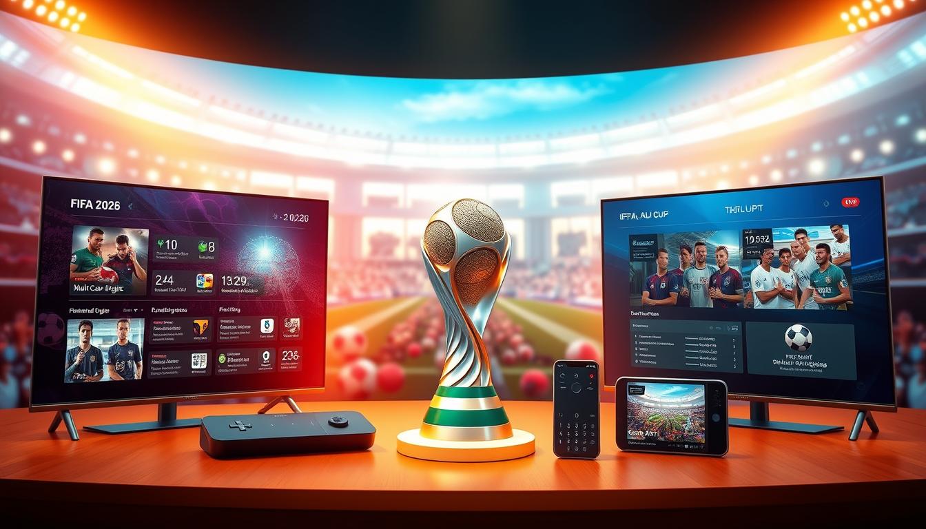 A high-quality, cinematic rendering of the FIFA World Cup 2026 IPTV streaming experience. A vibrant, futuristic interface with sleek device mockups showcasing various streaming options and packages. Prominent 3D FIFA World Cup trophy in the center, surrounded by dynamic data visualizations and graphics highlighting key features like multi-camera angles, real-time statistics, and immersive fan engagement tools. Warm, theatrical lighting accentuates the premium, cutting-edge aesthetic, while a blurred cityscape backdrop evokes the global scale and excitement of the tournament. The overall composition conveys the convenience, interactivity, and elevated viewing experience of 2026 FIFA IPTV streaming.