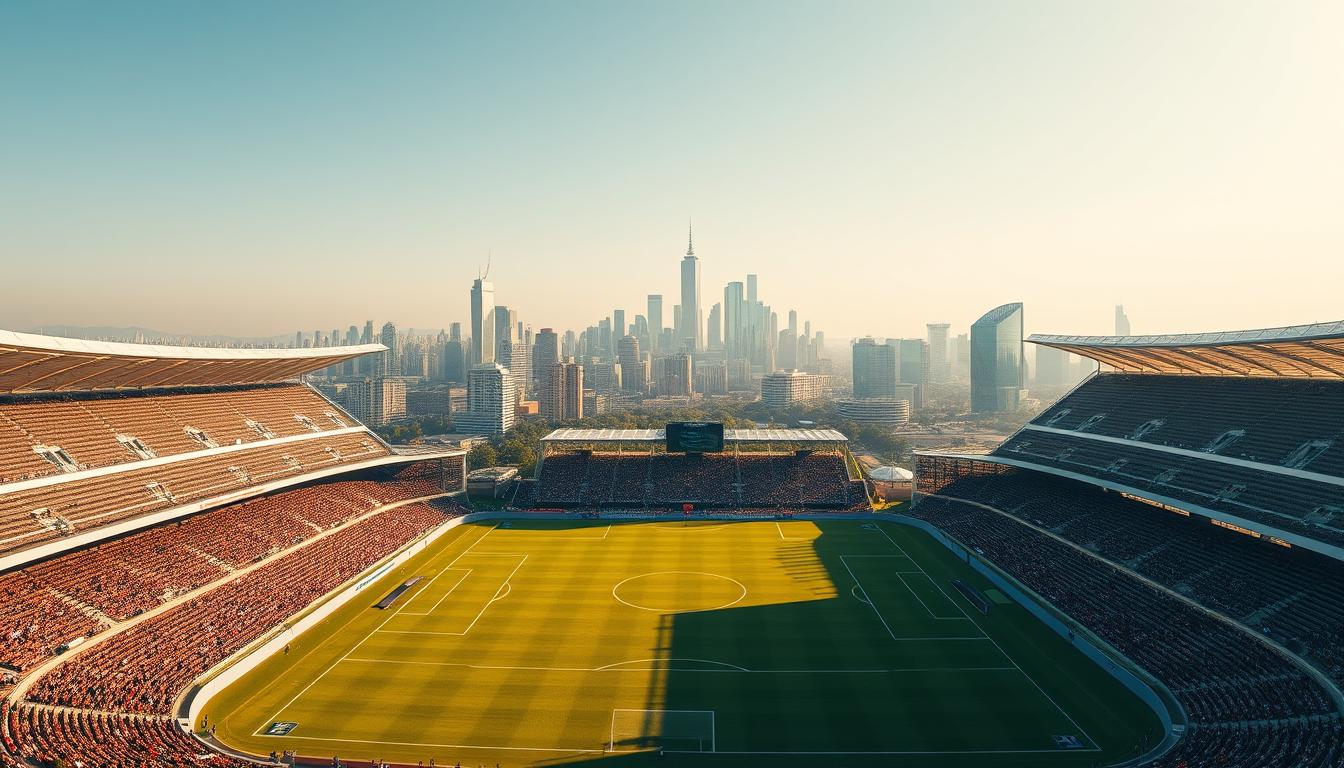 A vast panoramic scene of the most iconic FIFA World Cup stadiums, captured in stunning cinematic detail. In the foreground, the striking, modern silhouettes of the tournament's architectural marvels stand tall, their sleek facades gleaming under the warm, golden light of the afternoon sun. In the middle ground, the lush, verdant pitch of the playing field stretches out, ready to host the world's best footballers. In the distance, a backdrop of towering skyscrapers and bustling cityscapes, the host cities' vibrant urban landscapes providing a dynamic setting for this historic global event. The image conveys a sense of grandeur, anticipation, and the unbridled excitement of the upcoming 2026 FIFA World Cup.