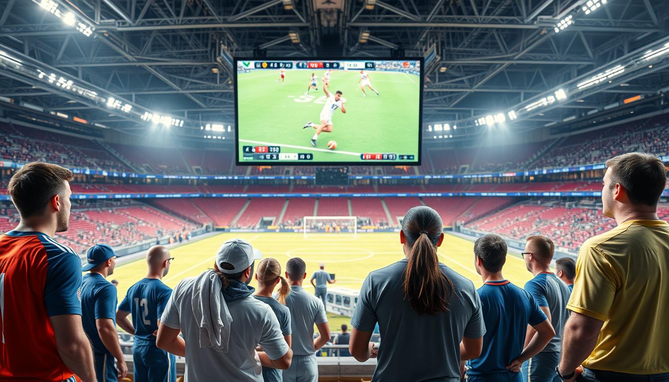 A sports arena with a large IPTV screen in the center, displaying real-time sports footage. In the foreground, athletes in various sports uniforms are gathered, engaged in discussion and gesturing towards the screen. The middle ground features a network of interconnected cables and devices, representing the IPTV technology infrastructure. The background showcases a modern, well-lit sports venue with stadium seating and bright lighting, conveying the atmosphere of a professional sports event. The prompt should capture the integration of sports and IPTV technology, highlighting the versatility and capabilities of this emerging platform for sports enthusiasts.
