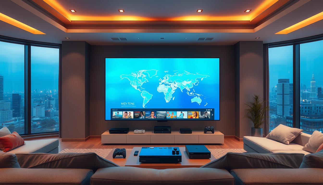 A serene, wide-angle view of a high-tech living room showcasing a large, vibrant 4K television screen displaying an array of global media content. The room is bathed in warm, ambient lighting from recessed ceiling fixtures, creating a cozy and inviting atmosphere. The television is positioned prominently in the foreground, surrounded by sleek, minimalist furniture in neutral tones. In the middle ground, a variety of streaming devices, game consoles, and other media equipment are neatly arranged, symbolizing the seamless integration of technology. The background features panoramic windows overlooking a bustling, interconnected metropolis, hinting at the global connectivity and access to diverse content enabled by premium IPTV services.