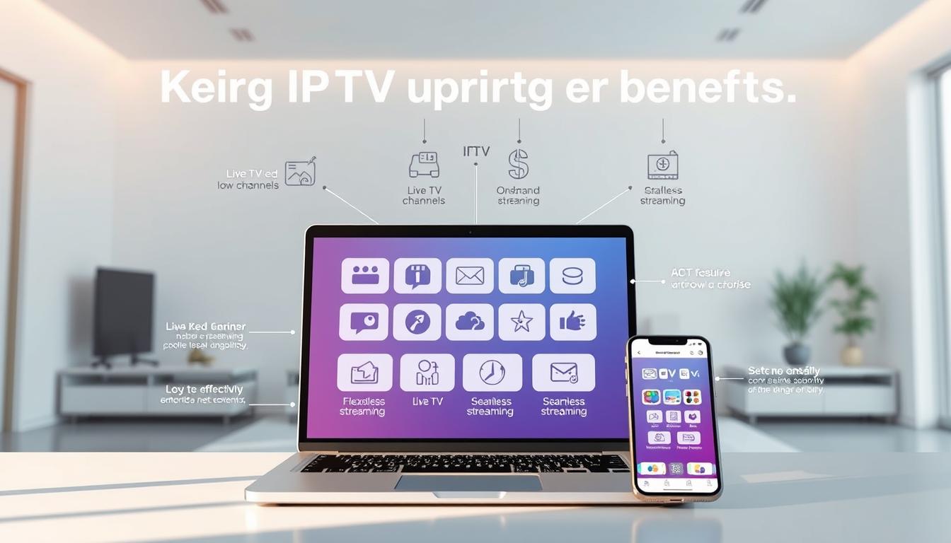 A high-quality, realistic illustration of the key benefits of IPTV services. The image shows a laptop and a smartphone in the foreground, displaying various IPTV features such as live TV channels, on-demand content, and seamless streaming. In the middle ground, there are icons and infographic elements highlighting the benefits, including improved accessibility, cost-effectiveness, and flexibility. The background features a modern, minimalist interior design with clean lines and a calming color palette, creating a professional and inviting atmosphere. The lighting is natural and diffused, with a slight warm tone to enhance the overall aesthetic. The camera angle is slightly elevated, providing a clear and comprehensive view of the scene.