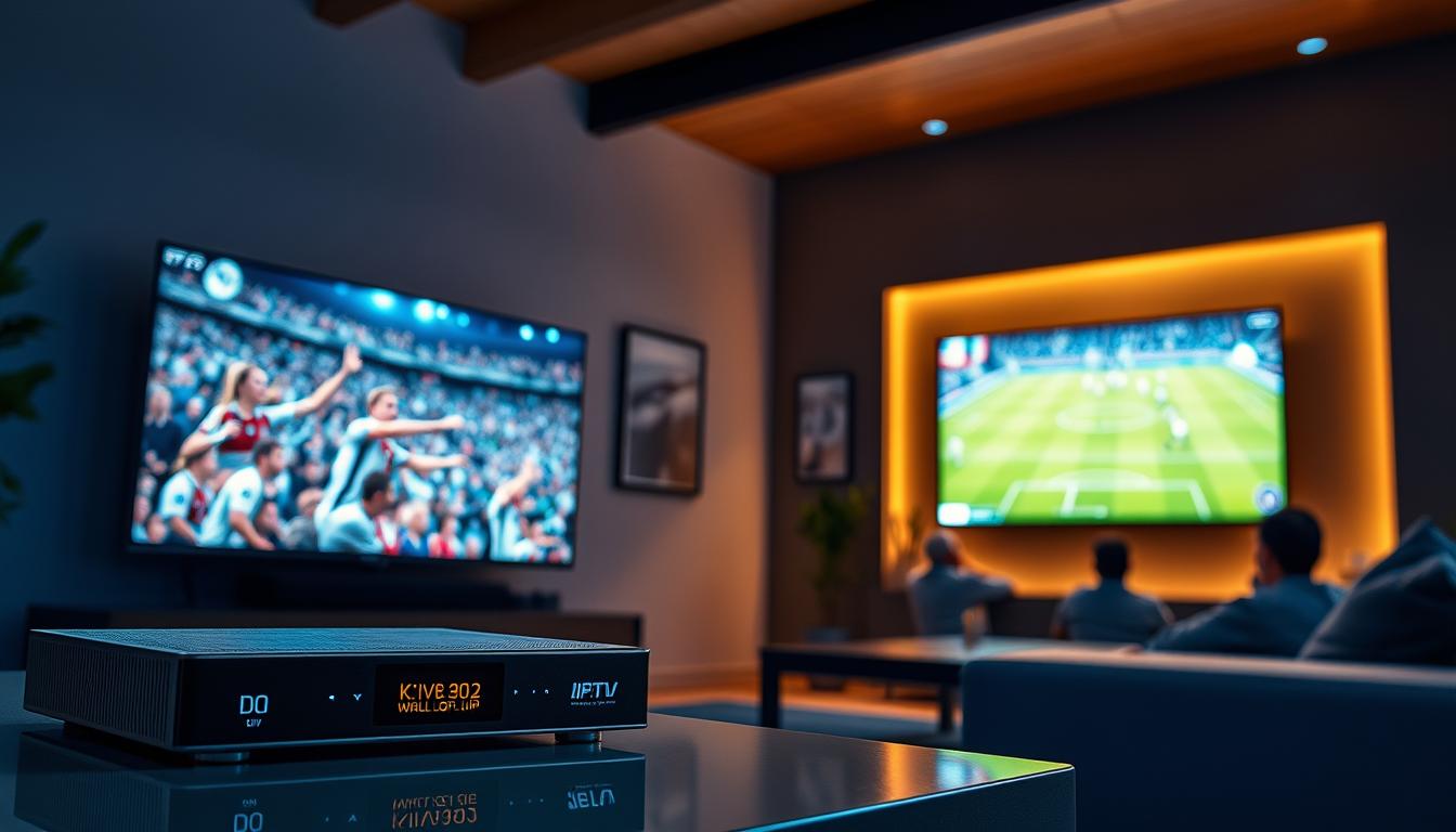 A vibrant and dynamic scene of a FIFA World Cup live stream showcasing the action in stunning high-definition. In the foreground, a sleek and modern IPTV set-top box with its interface displaying the live match, the screen filled with the players' intense expressions and the crowd's electric energy. The middle ground features a comfortable living room setting, with a large flat-screen television mounted on the wall, surrounded by plush furniture and cozy lighting. In the background, subtle silhouettes of fans eagerly watching the game, their faces lit by the glow of the screen, creating an immersive and captivating atmosphere. The overall scene conveys the excitement and thrill of experiencing the FIFA World Cup in the comfort of a home setting, with the high-quality IPTV service delivering the ultimate viewing experience.