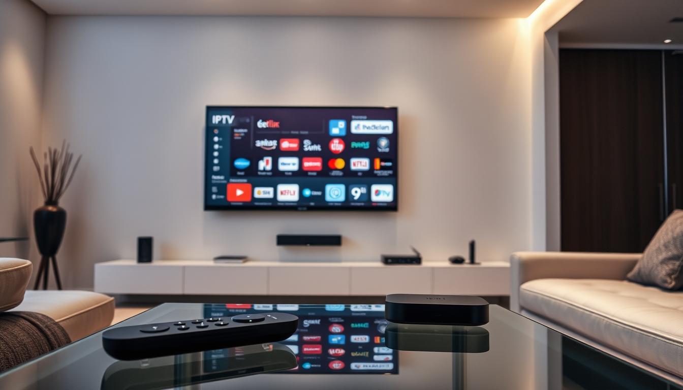 A modern living room with a large flatscreen TV mounted on the wall, showcasing an array of IPTV service icons and logos displayed on the screen. Soft, diffused lighting illuminates the space, creating a cozy and inviting atmosphere. The room is decorated with minimalist furnishings, complemented by sleek, contemporary decor. In the foreground, a smart remote control and a streaming device sit on a glass coffee table, hinting at the seamless integration of technology into the home entertainment experience. The overall scene conveys the evolution of television viewing, where traditional cable TV has been replaced by a diverse range of on-demand, internet-based subscription services.