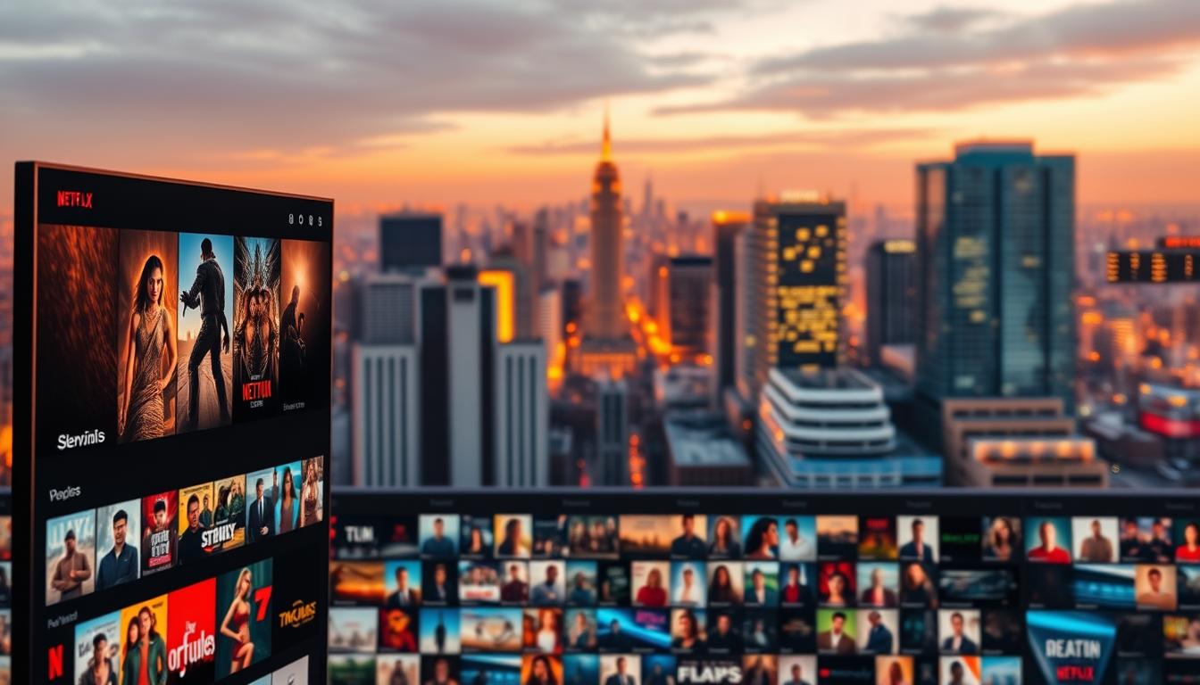 A vibrant and comprehensive content library, showcasing a vast array of streaming options. In the foreground, a sleek and modern user interface displays a curated selection of genres, from blockbuster movies to binge-worthy TV shows. The middle ground features a mosaic of thumbnail images, each representing a unique title, capturing the diversity of the library. In the background, a softly blurred cityscape sets the scene, evoking a sense of urban connectivity and global reach. Warm, diffused lighting bathes the entire composition, creating a welcoming and immersive atmosphere. The overall aesthetic is one of sophistication, accessibility, and the promise of endless entertainment possibilities.