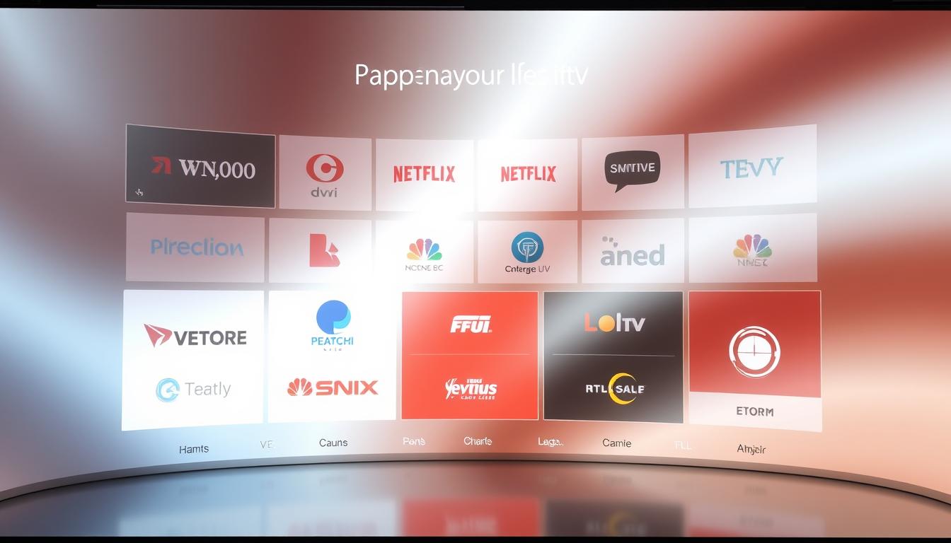 A modern, minimalist IPTV channel selection interface, with a clean, grid-like layout showcasing a variety of channel logos and thumbnails. The interface should have a sleek, high-tech aesthetic, with soft, diffused lighting creating a subtle, ambient glow. The channels should be displayed in an organized, easy-to-navigate manner, allowing the user to quickly browse and select their desired content. The overall mood should convey a sense of efficiency and user-friendliness, inviting the viewer to imagine the seamless streaming experience of an IPTV service.