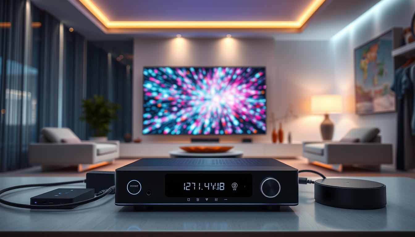 A dynamic, high-tech interior showcasing the future of home entertainment. In the foreground, an IPTV set-top box displays a vibrant, responsive user interface. Surrounding it, sleek streaming devices and wired connections illustrate the seamless integration of IPTV technology. The middle ground features a large, ultra-high-definition TV screen, its pixels alive with a captivating visual display. In the background, a modern, minimalist living room setting with ambient lighting and clean lines creates a sense of sophisticated, futuristic elegance. The scene conveys the power and innovation of IPTV, poised to revolutionize the way we experience home entertainment.