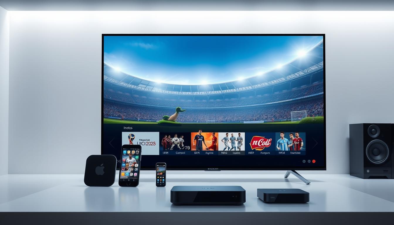 A modern IPTV streaming platform with a sleek and intuitive interface. In the foreground, a large TV screen displays crystal-clear video content, showcasing the platform's high-quality streaming capabilities. The middle ground features various smart devices, such as a smartphone, tablet, and streaming box, highlighting the platform's multi-device compatibility. In the background, a minimalist and futuristic setting with clean lines and subtle lighting creates a sophisticated atmosphere, reflecting the advanced technology powering the IPTV service. The overall scene conveys the convenience, reliability, and cutting-edge nature of the IPTV platform, making it the perfect choice for watching the FIFA World Cup 2026.
