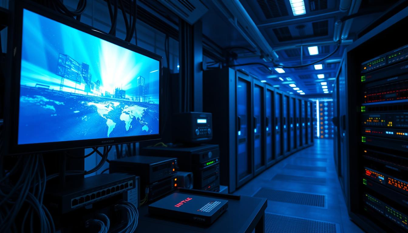 A high-tech control room with servers, cables, and networking equipment. The scene is bathed in a cool, bluish light, conveying a sense of precision and technological sophistication. In the foreground, a digital display shows a live IPTV feed, its high-definition video quality evident. The mid-ground features various routers, switches, and modems, reflecting the complex infrastructure required to deliver IPTV services. The background showcases a sleek, futuristic data center, with rows of racks and blinking indicator lights, emphasizing the scale and power of the IPTV technology. The overall atmosphere is one of cutting-edge innovation, efficiency, and the seamless integration of digital media with advanced networking capabilities.