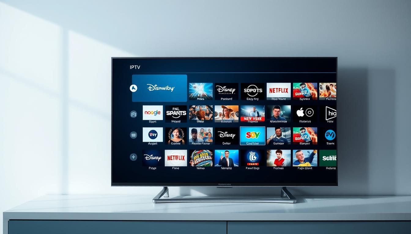 An array of high-definition IPTV channels displayed on a sleek, modern television screen. The screen is set against a minimalist, uncluttered background with subtle gradients of blue and gray. The channels are arranged in a grid layout, showcasing a diverse selection of content from various genres - news, sports, movies, and entertainment. The lighting is soft and natural, creating a sense of clarity and vibrancy. The image conveys a sense of ease and accessibility, inviting the viewer to explore the wide range of IPTV options available in the US market.