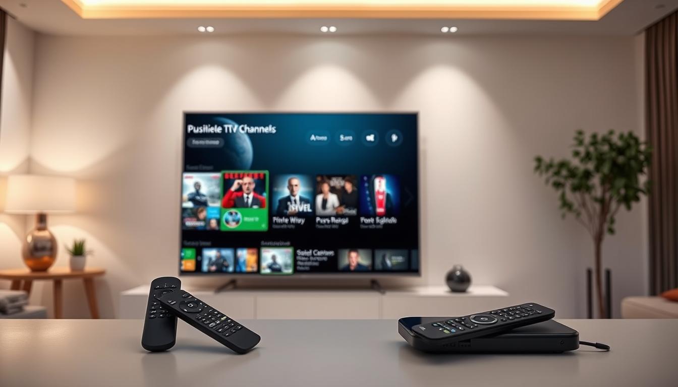 A sleek and modern interface for the IPTVDigi IPTV subscription service, showcasing a crisp display of high-definition live TV channels, on-demand content, and intuitive navigation. The foreground features a stylish remote control and a state-of-the-art streaming device, while the middle ground displays a selection of popular channels and program recommendations. The background sets the scene with a sophisticated, minimalist living room interior, with subtle lighting and clean lines that evoke a sense of premium quality and user-friendly technology. The overall atmosphere conveys the ease, reliability, and comprehensive entertainment experience of the IPTVDigi IPTV subscription.