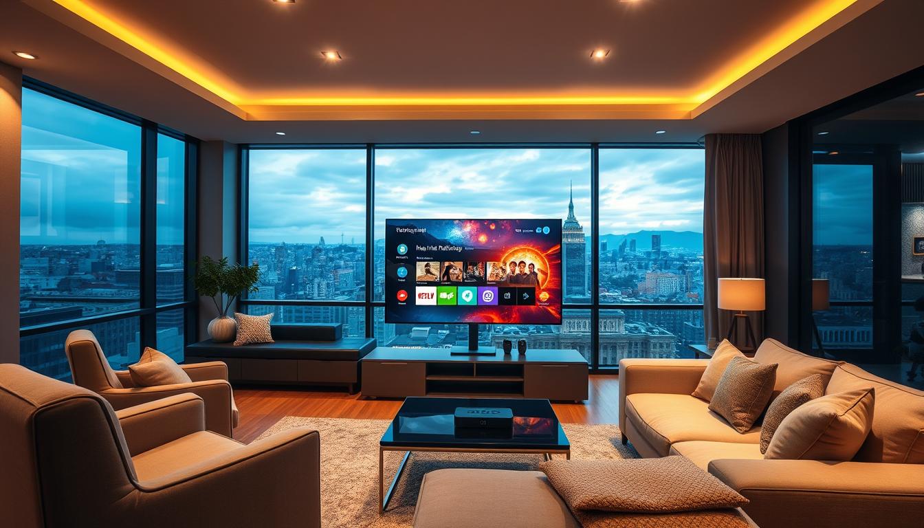A sleek, modern living room with a large flatscreen TV displaying a vibrant, high-definition IPTV interface. The room is bathed in warm, diffused lighting from recessed ceiling fixtures, creating a cozy, inviting atmosphere. In the foreground, a comfortable armchair and a plush sofa provide the perfect viewing experience. The middle ground features a coffee table with a remote control and a streaming device, emphasizing the convenience of an IPTV subscription. The background showcases large windows overlooking a picturesque city skyline, suggesting the boundless entertainment options available with a reliable IPTV service.