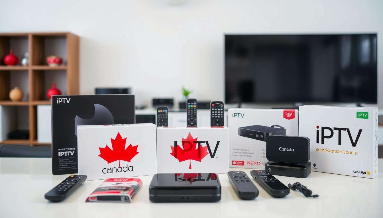 A crisp, professional-looking image of various IPTV packages and subscriptions available in Canada. The foreground depicts several IPTV service boxes or cards, neatly arranged on a clean, minimalist table or surface. The boxes feature recognizable Canadian branding and packaging design. The middle ground showcases a selection of remote controls, streaming devices, and other IPTV accessories, all in a cohesive and organized layout. The background is a simple, slightly blurred office or home interior, suggesting a modern, technology-focused environment. The lighting is bright and even, showcasing the products in a clear, attractive manner. The overall mood is one of professionalism, legality, and the convenience of IPTV services for Canadian consumers.