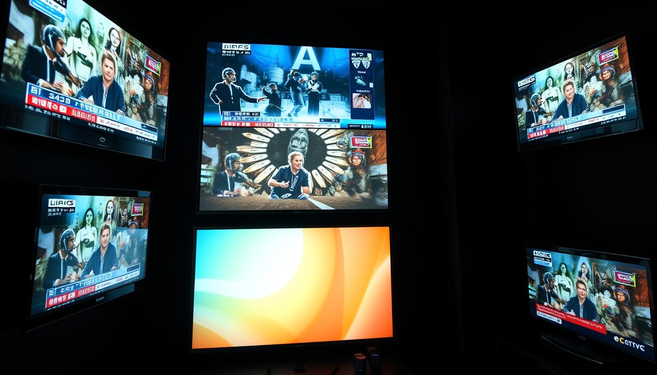 A modern IPTV setup with multiple television screens showcasing various live channel feeds. The screens are arranged in a grid layout, each displaying a different news, sports, or entertainment channel. The overall scene has a sleek, high-tech feel, with the displays illuminated against a dark, minimalist background. Soft, directional lighting casts subtle shadows, emphasizing the depth and three-dimensional nature of the setup. The camera angle is slightly elevated, providing an immersive, bird's-eye view of the IPTV experience. The mood is one of excitement and anticipation, hinting at the vast content available through this innovative television platform.