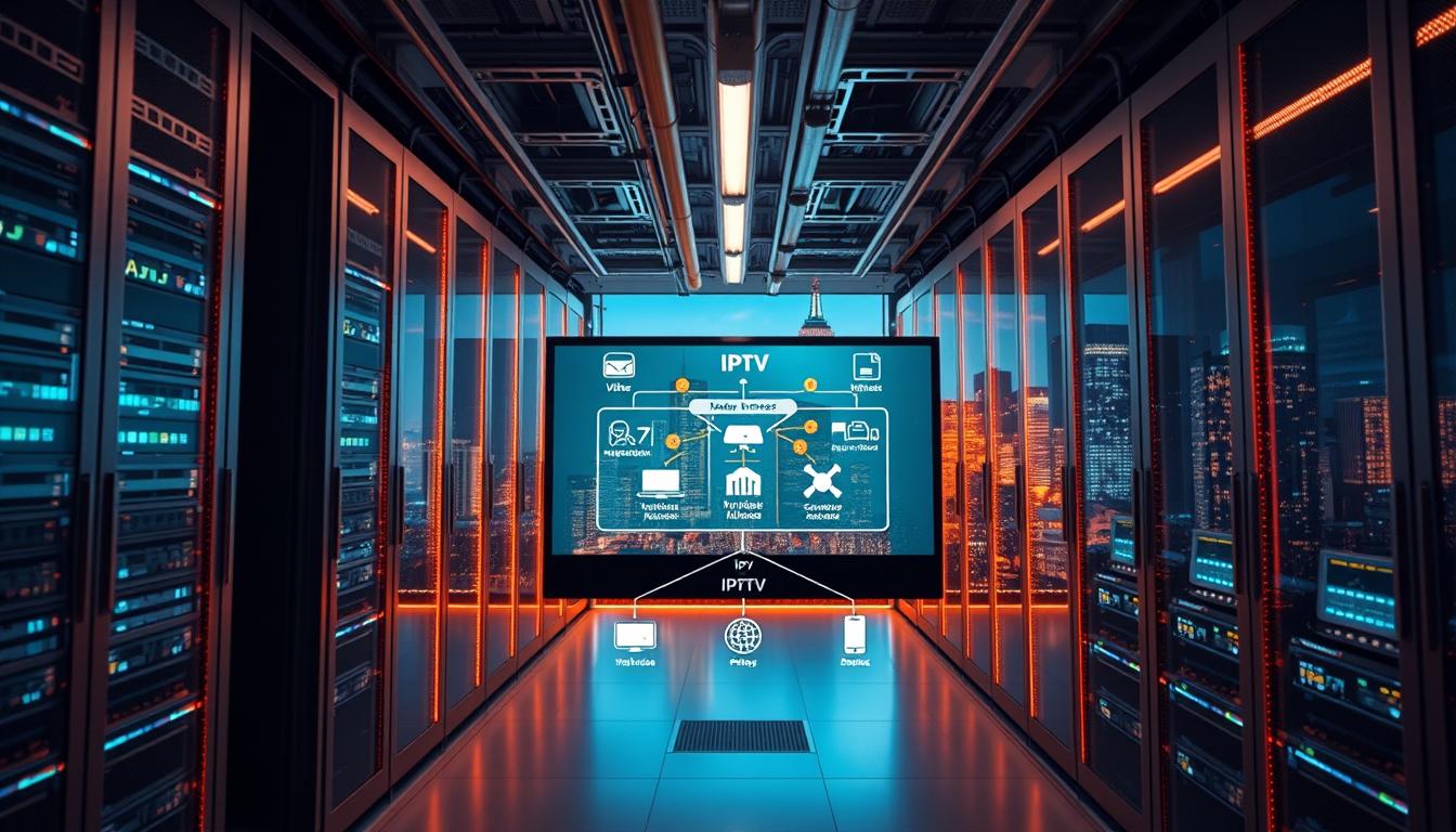 A high-tech data center with rows of servers and networking equipment, illuminated by a warm, glowing light. In the foreground, a large LCD display shows a schematic diagram of IPTV technology, with icons representing video sources, network infrastructure, and connected devices. The background features a cityscape with skyscrapers, conveying the global scale and connectivity of IPTV services. The scene is captured with a wide-angle lens, creating a sense of depth and emphasizing the technological complexity of the IPTV ecosystem.