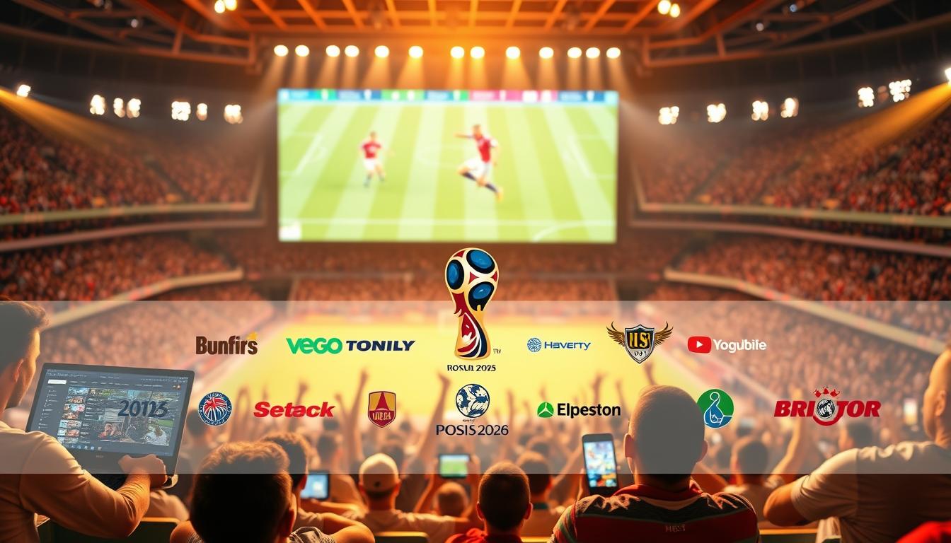 A dynamic and immersive IPTV providers scene for the 2026 FIFA World Cup. In the foreground, a large stadium screen displays match highlights, flanked by users accessing IPTV services on laptops and smartphones. The middle ground features a lineup of popular IPTV provider logos, each with distinct branding and visual identity. In the background, a crowd of passionate fans cheers on their teams, creating an energetic and celebratory atmosphere. The lighting is warm and vibrant, capturing the excitement of the event. The composition is balanced, guiding the viewer's eye through the different layers of the scene.
