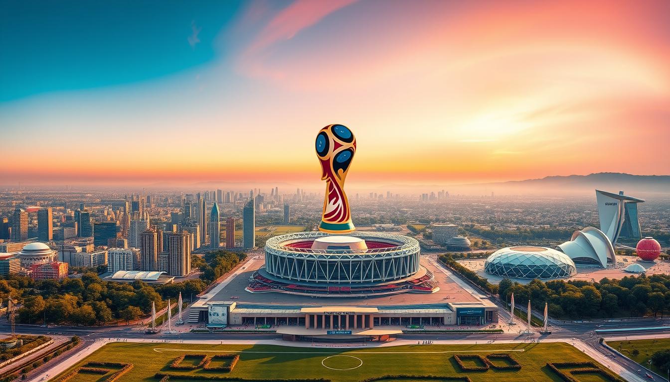A panoramic view of the FIFA World Cup 2026 host cities, captured with a wide-angle lens and dramatic lighting. The foreground features stylized icons representing each host location, artfully arranged against a backdrop of modern cityscapes and iconic landmarks. The middle ground showcases the stadiums that will host the matches, rendered in sleek, contemporary architectural designs. In the distance, a vibrant gradient sky sets the scene, evoking the excitement and global celebration of the world's most prestigious football tournament.