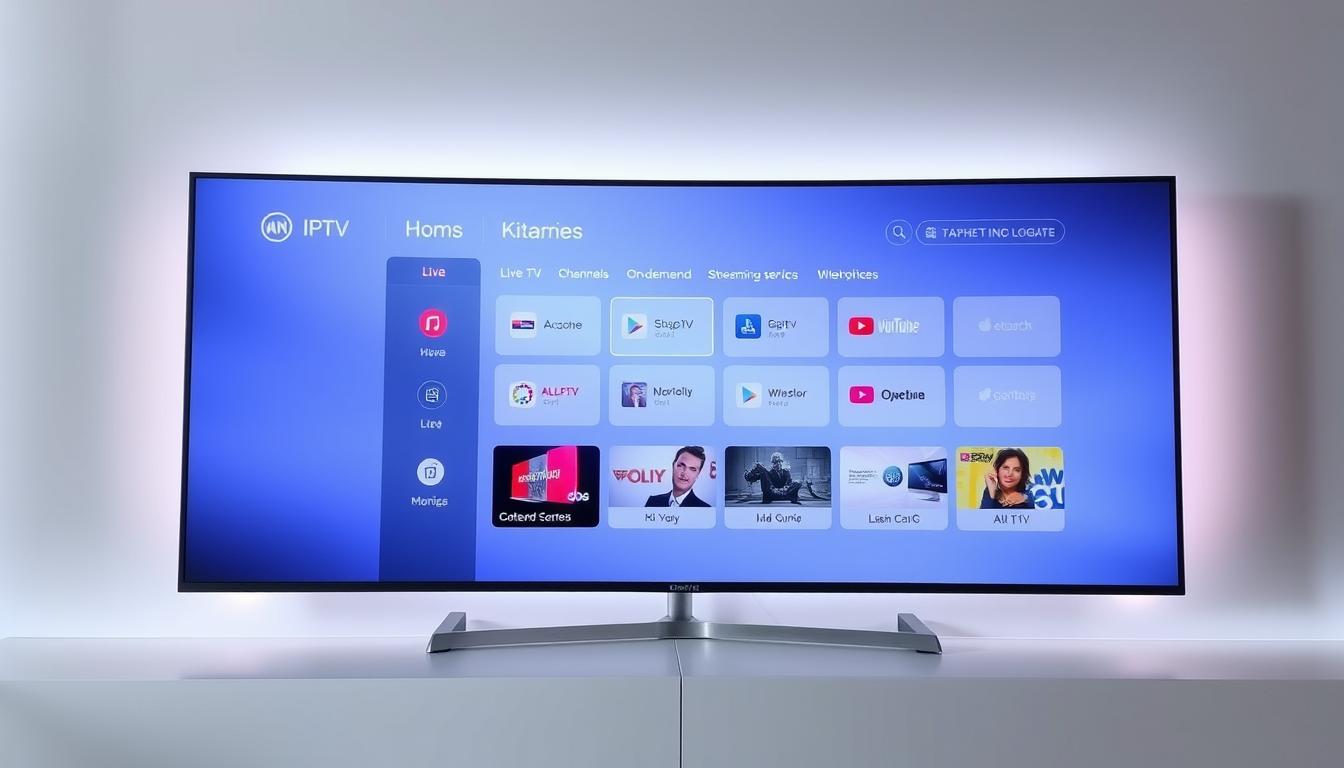 A sleek, modern IPTV service interface displayed on a widescreen monitor. The user dashboard features a clean, minimalist design with intuitive icons and menus for navigating through live TV channels, on-demand content, and streaming services. The interface is illuminated by soft, diffused lighting, creating a calm and inviting atmosphere. The background showcases a subtle gradient or pattern, lending a professional and premium feel to the overall presentation. The layout is well-organized, with clear sections for different content types, making it easy for the user to quickly find and access the desired media. The interface conveys a sense of simplicity, efficiency, and high-quality viewing experience.